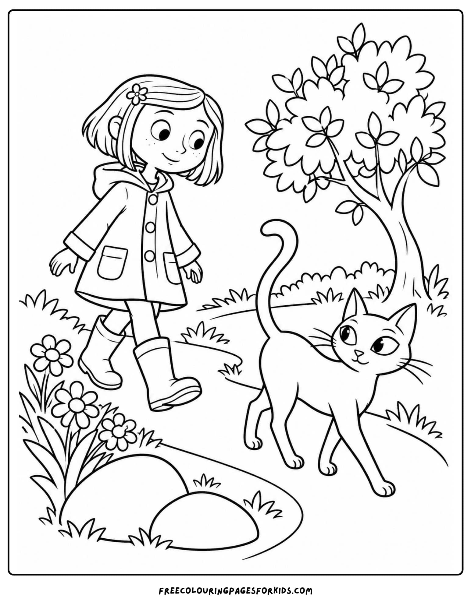 a coloring page showing coraline following a black cat