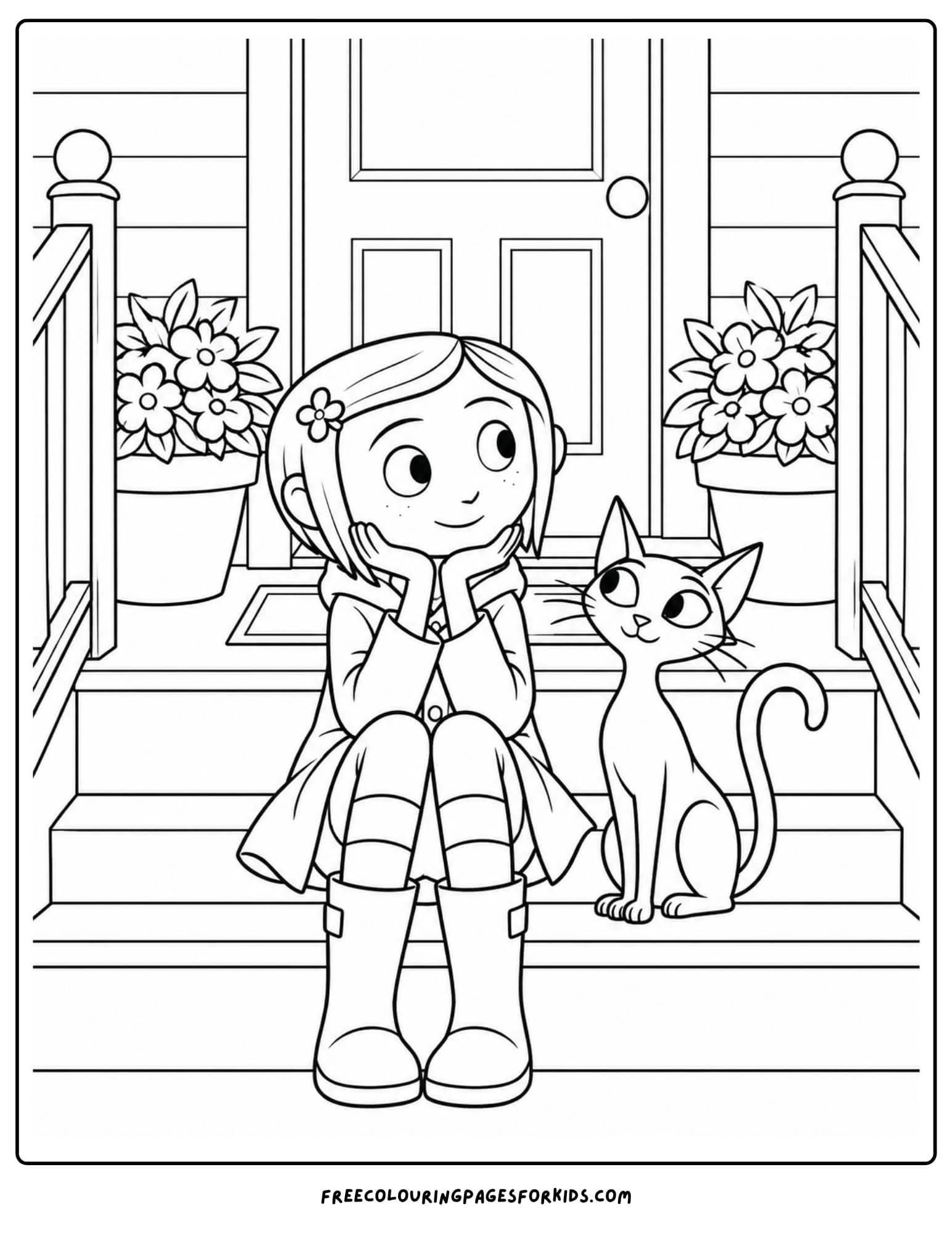 a coloring page showing coraline sitting on the front steps of a house