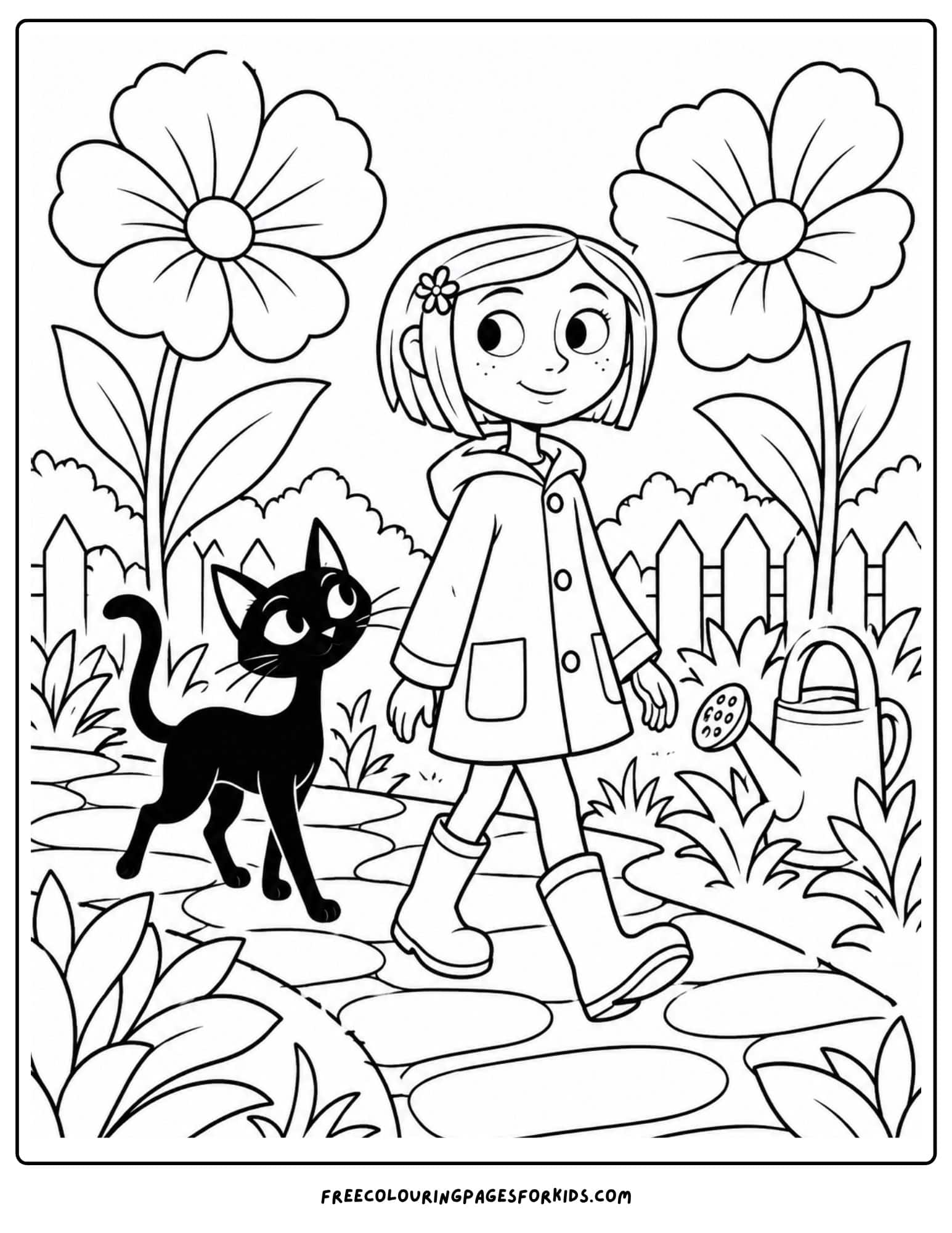 a coloring page showing coraline in a flower garden with a cat