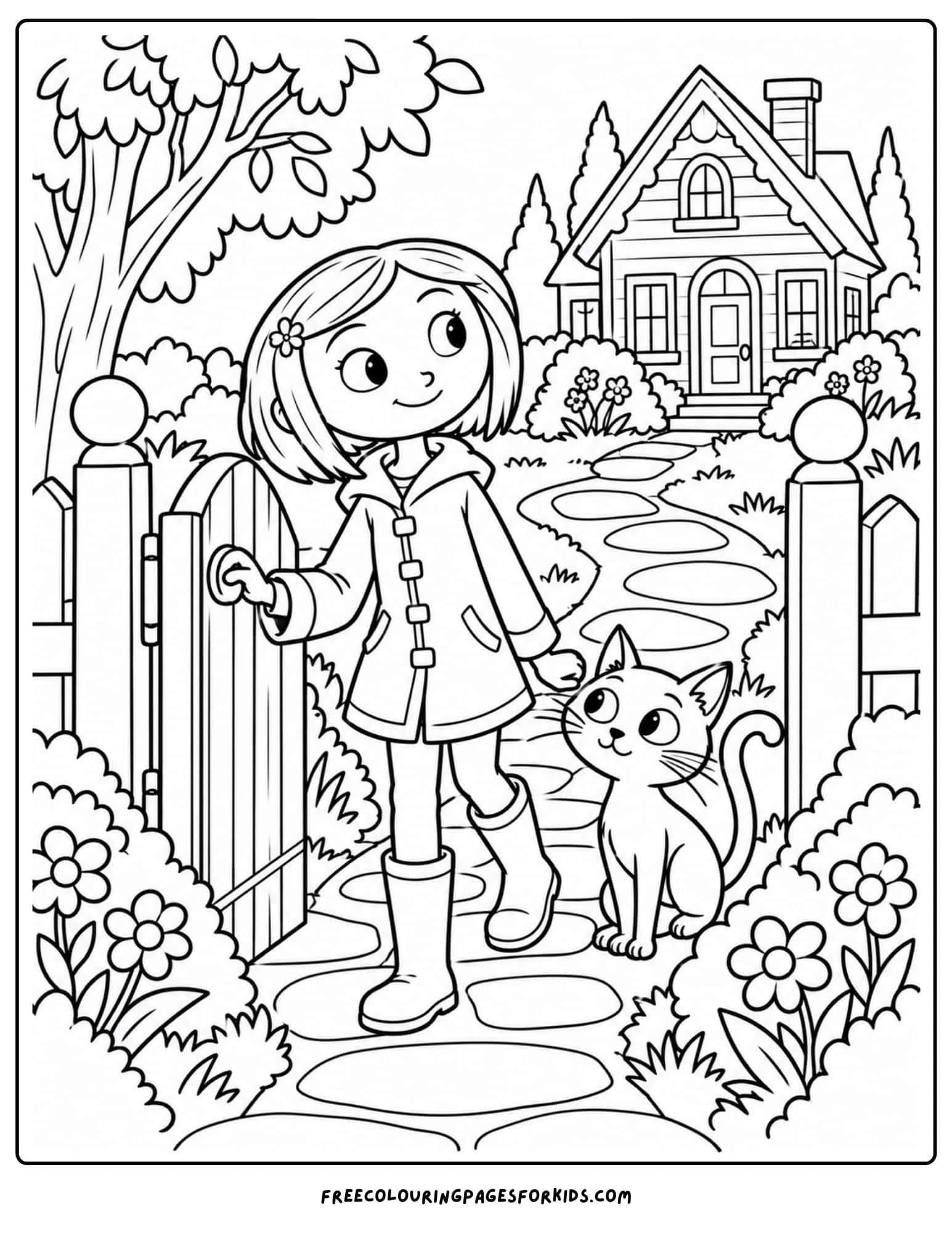 a coloring page showing coraline walking out of a garden gate