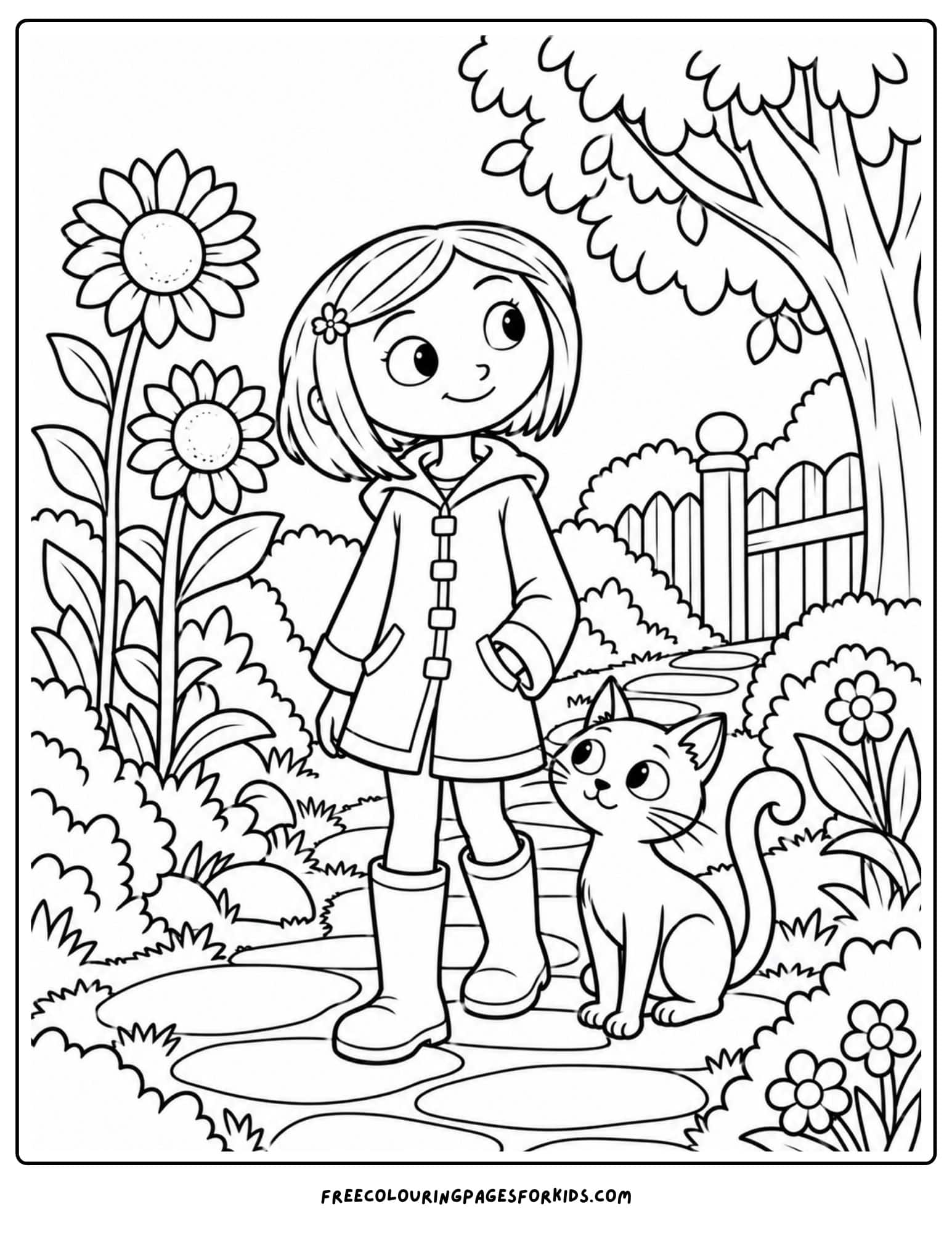 a coloring page showing coraline walking on a garden path