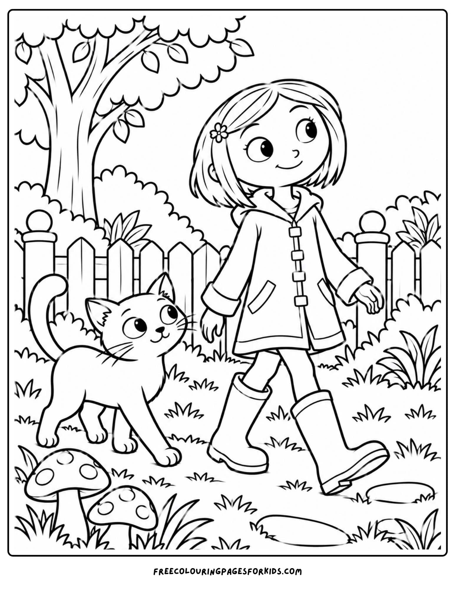 a coloring page showing coraline walking in a grassy yard