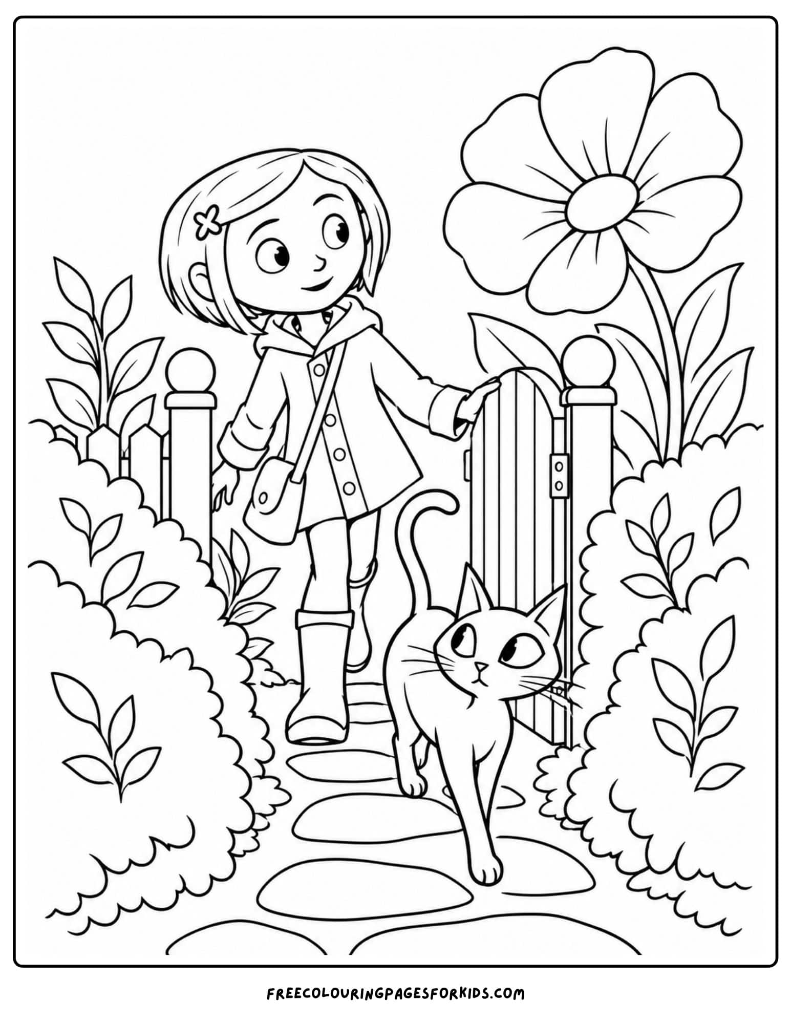 a coloring page showing coraline finding a hidden garden path
