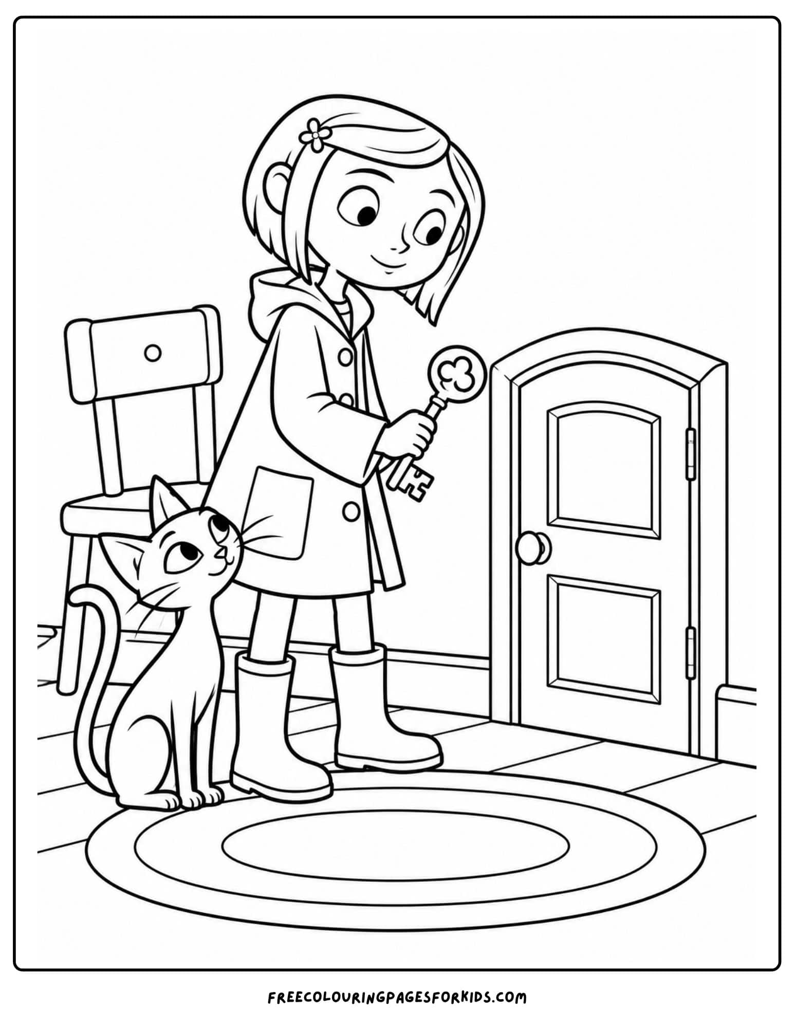 a coloring page showing coraline holding a key to a door