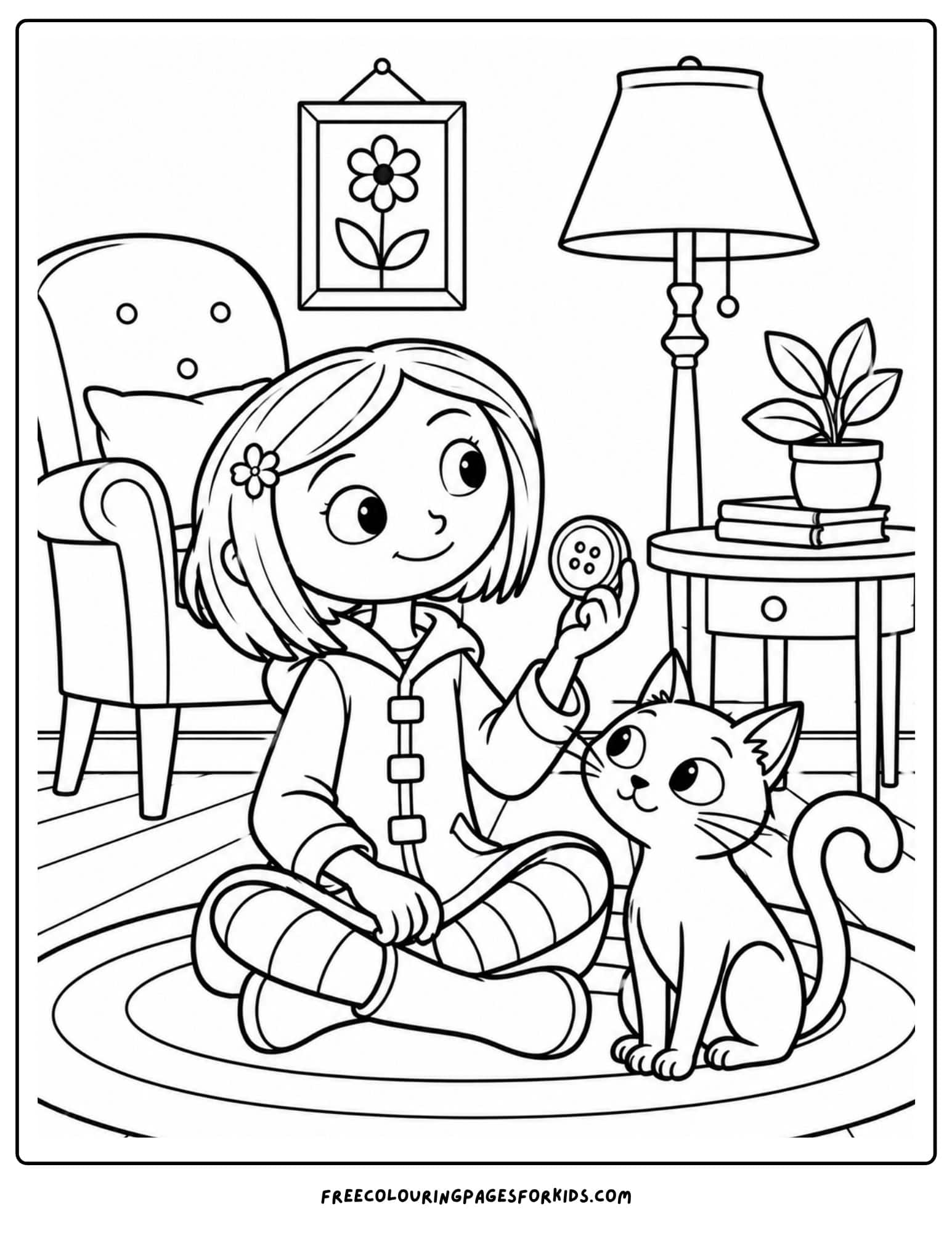 a coloring page showing coraline holding a large button