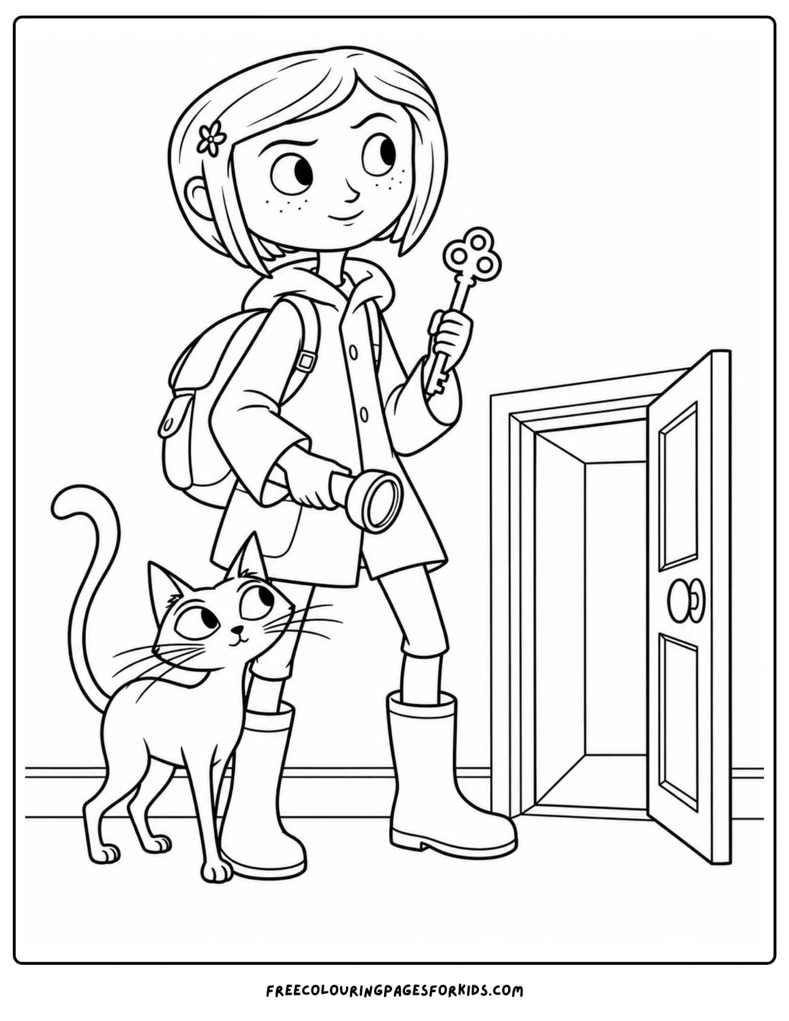a coloring page showing coraline walking up to a tiny door