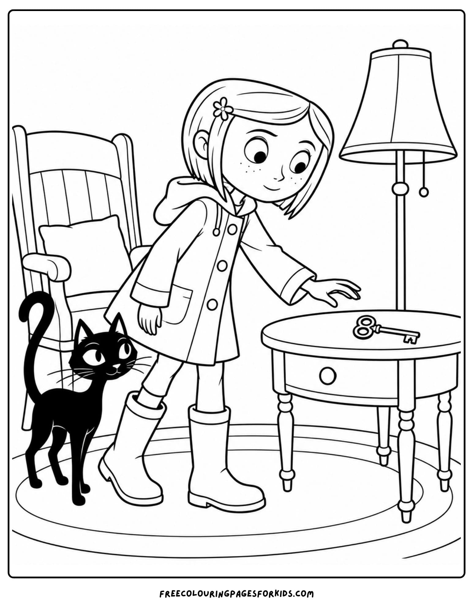 a coloring page showing coraline picking up a key from a table