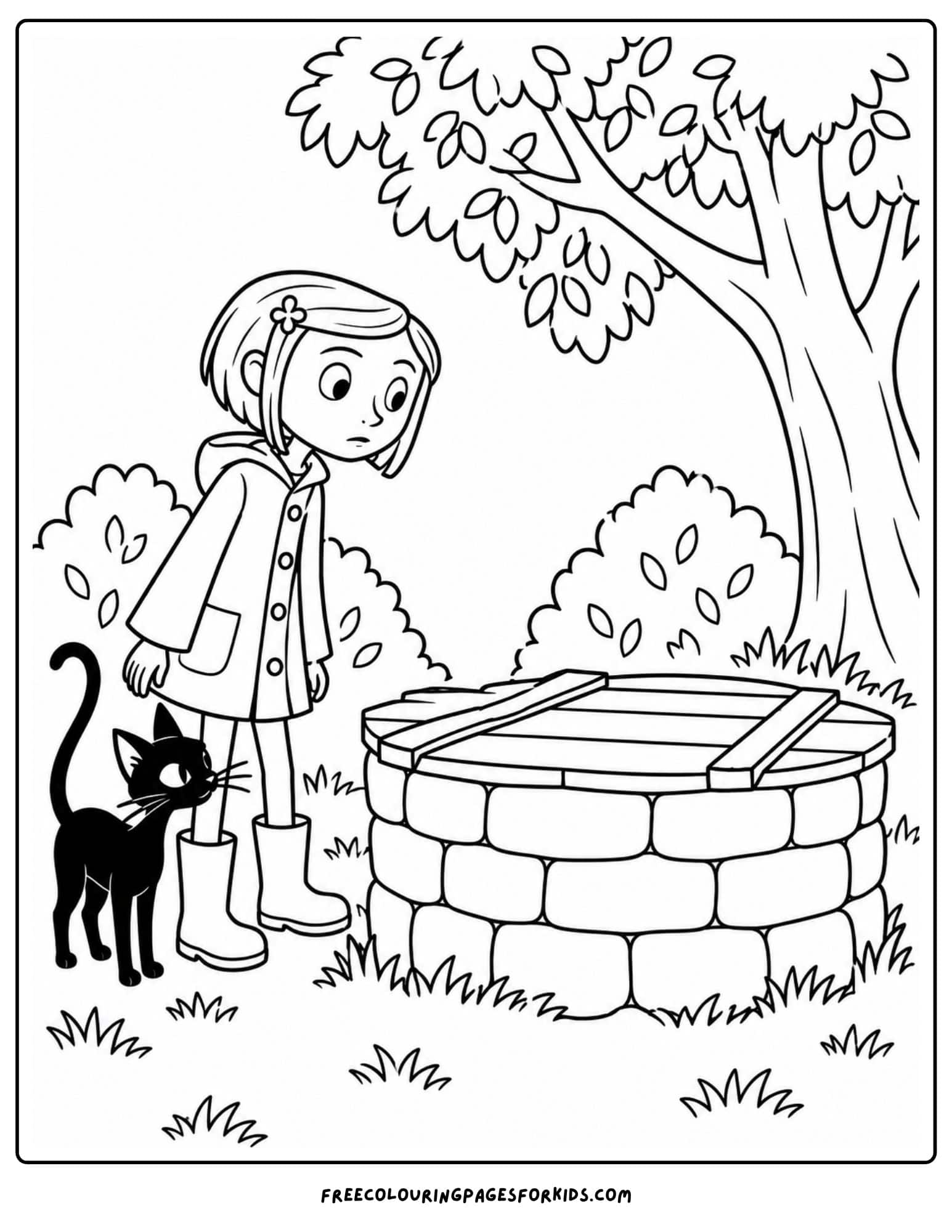 a coloring page showing coraline outside looking down into a well