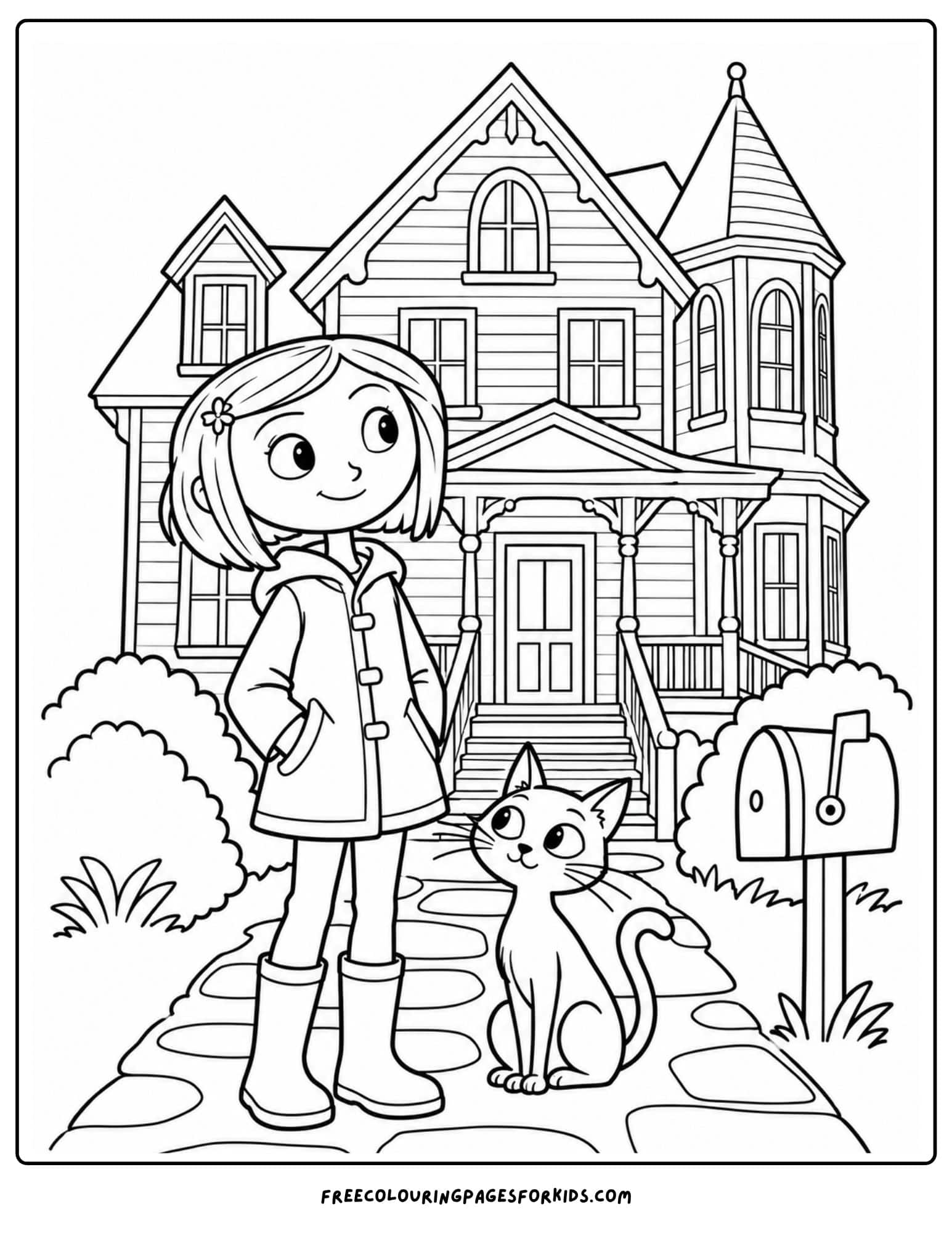 a coloring page showing coraline outside the pink palace