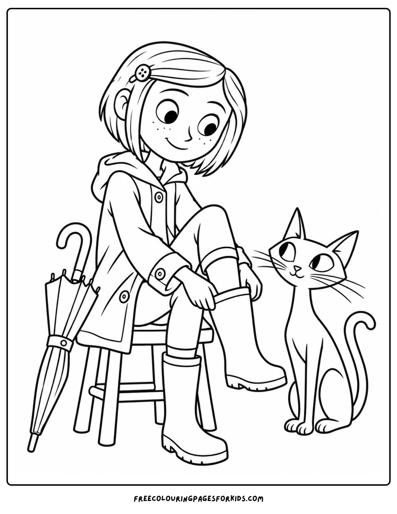 a coloring page showing coraline putting on rain boots
