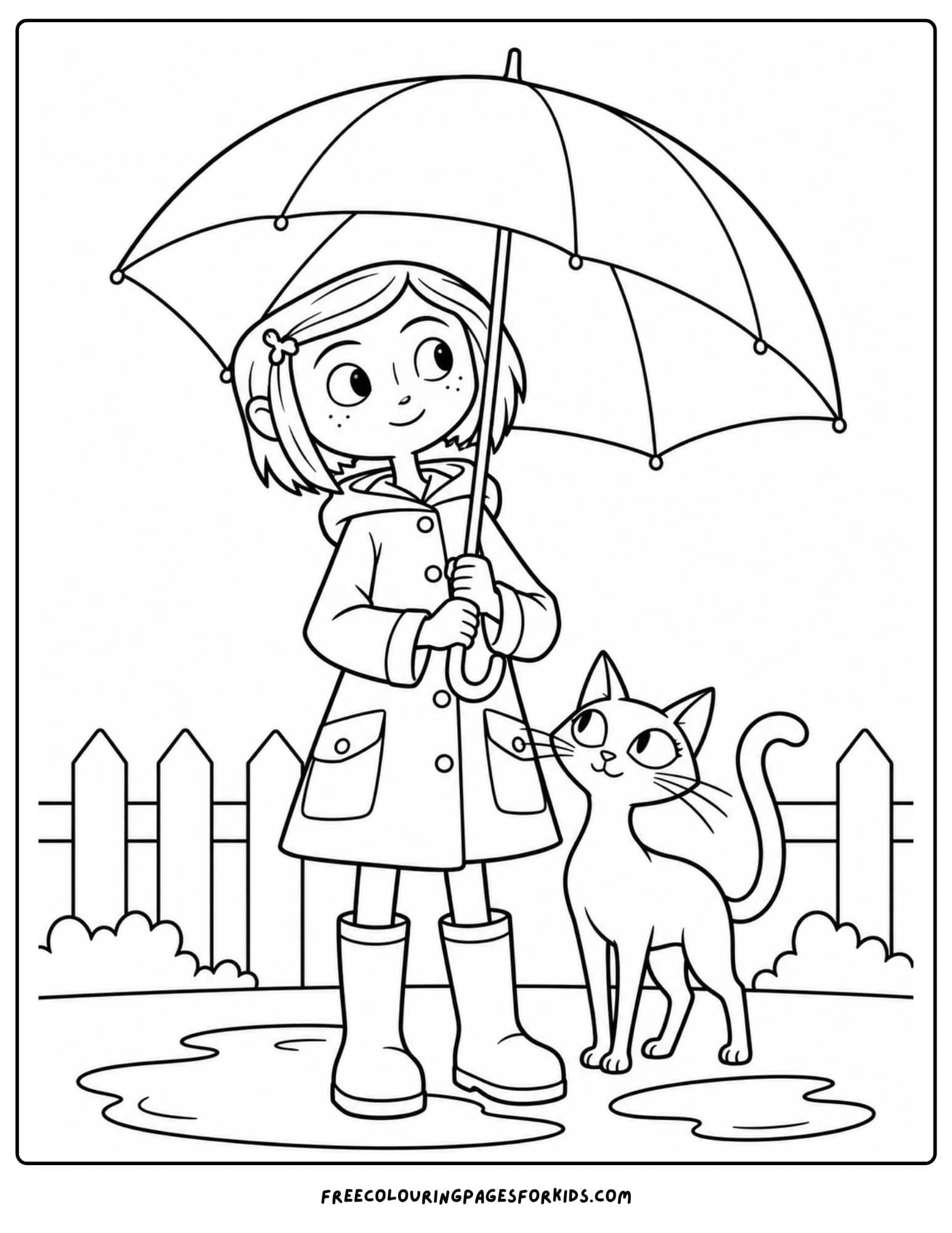 a coloring page showing coraline wearing a raincoat and holding an umbrella outside