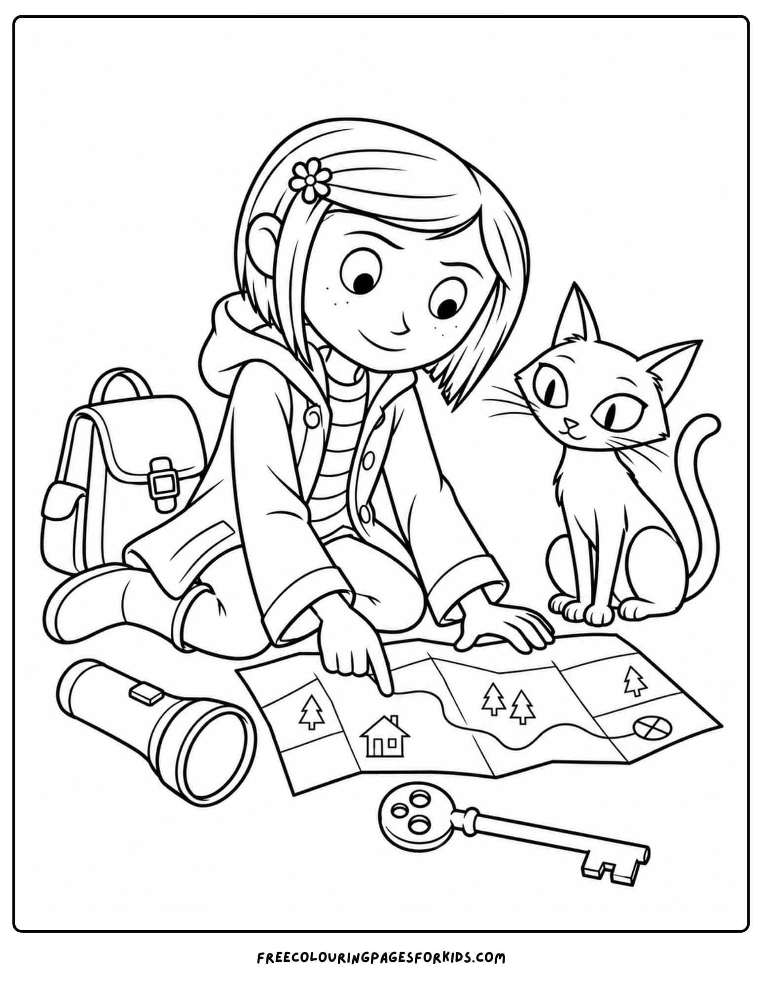 a coloring page showing coraline reading a map while sitting on the floor