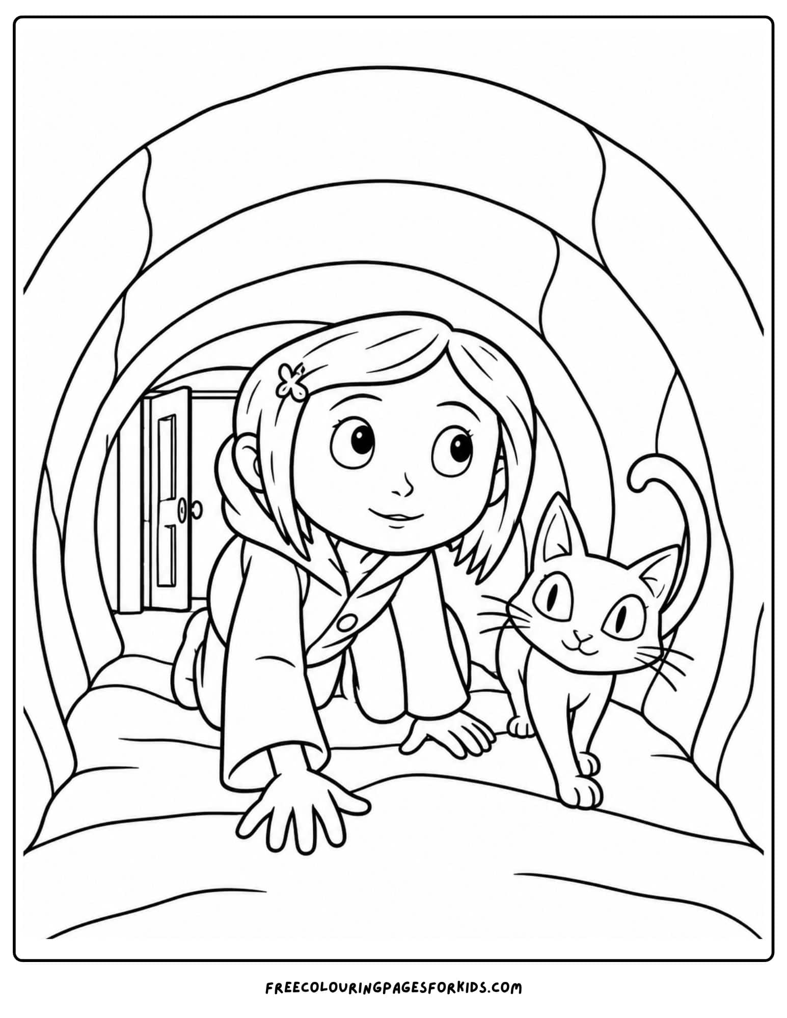 a coloring page showing coraline crawling in a secret tunnel