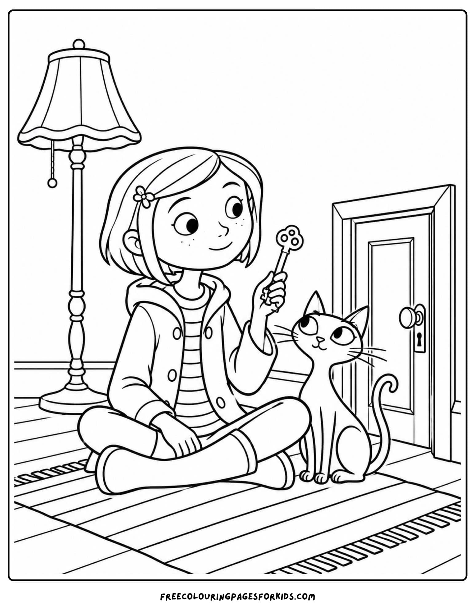 a coloring page showing coraline holding a key to a tiny door