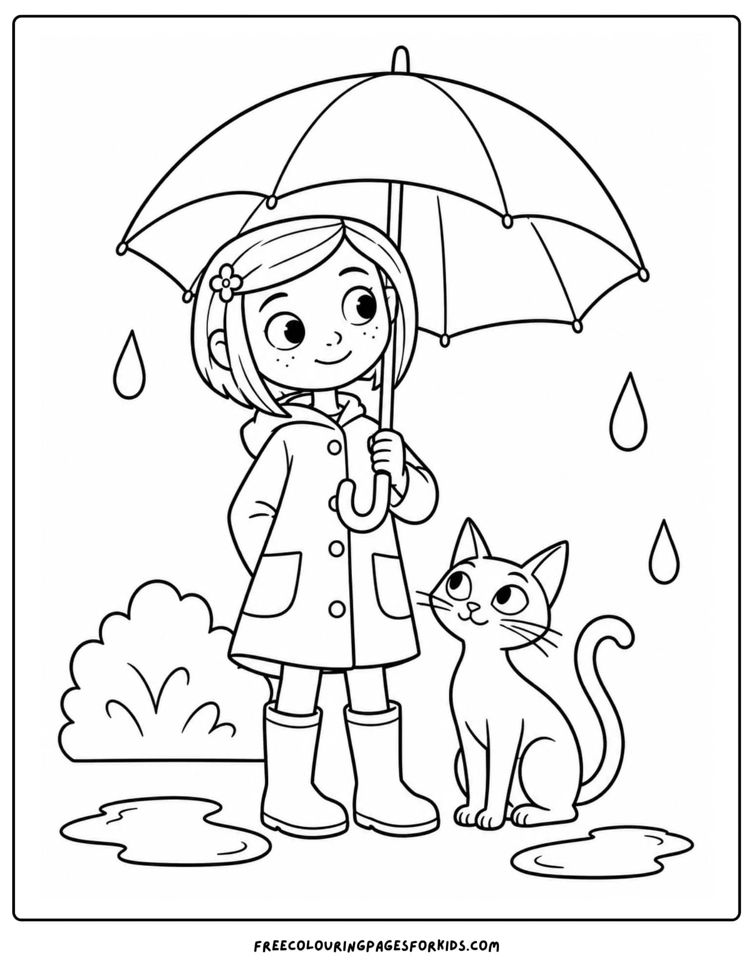 a coloring page showing coraline holding an umbrella in the rain
