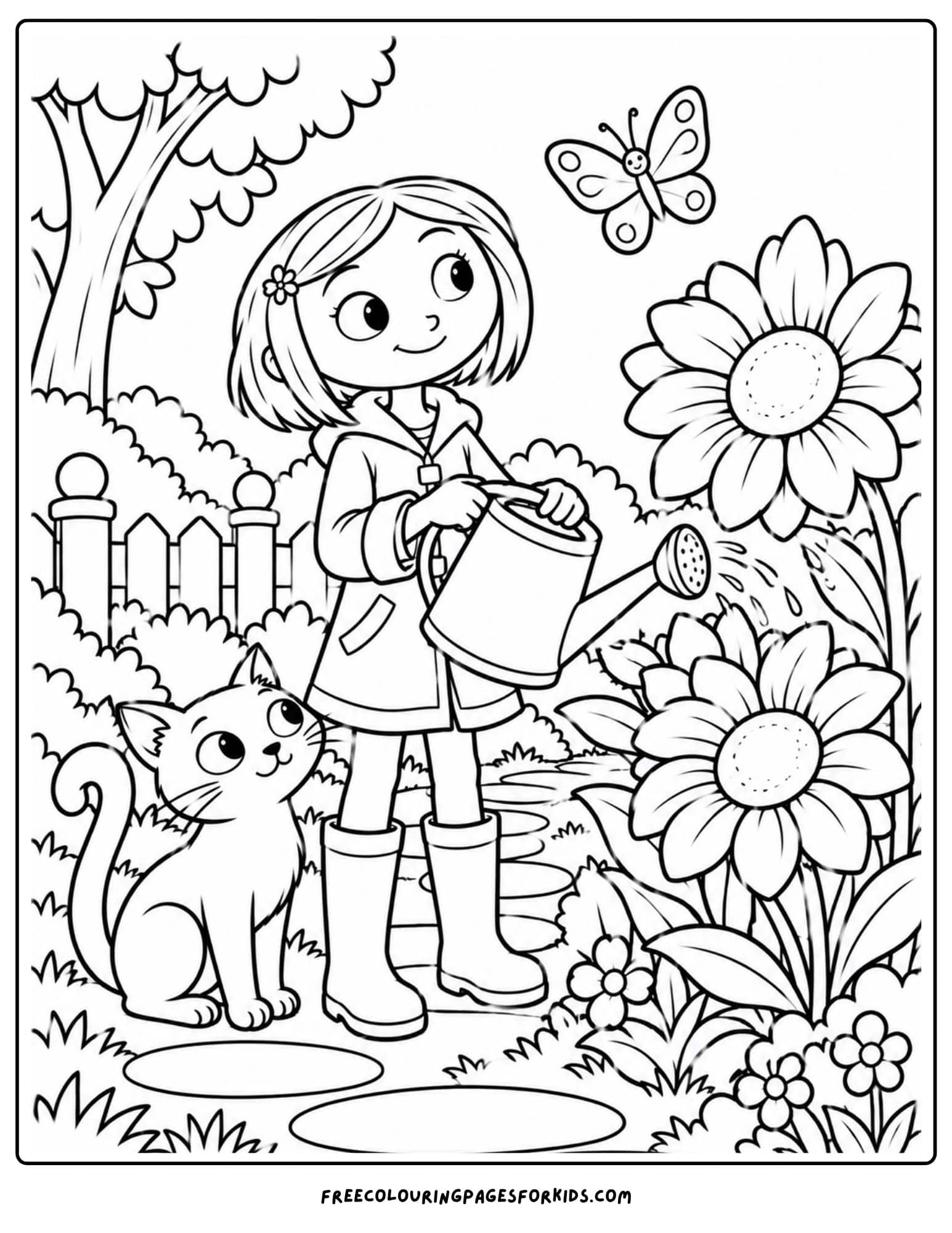 a coloring page showing coraline watering the garden flowers