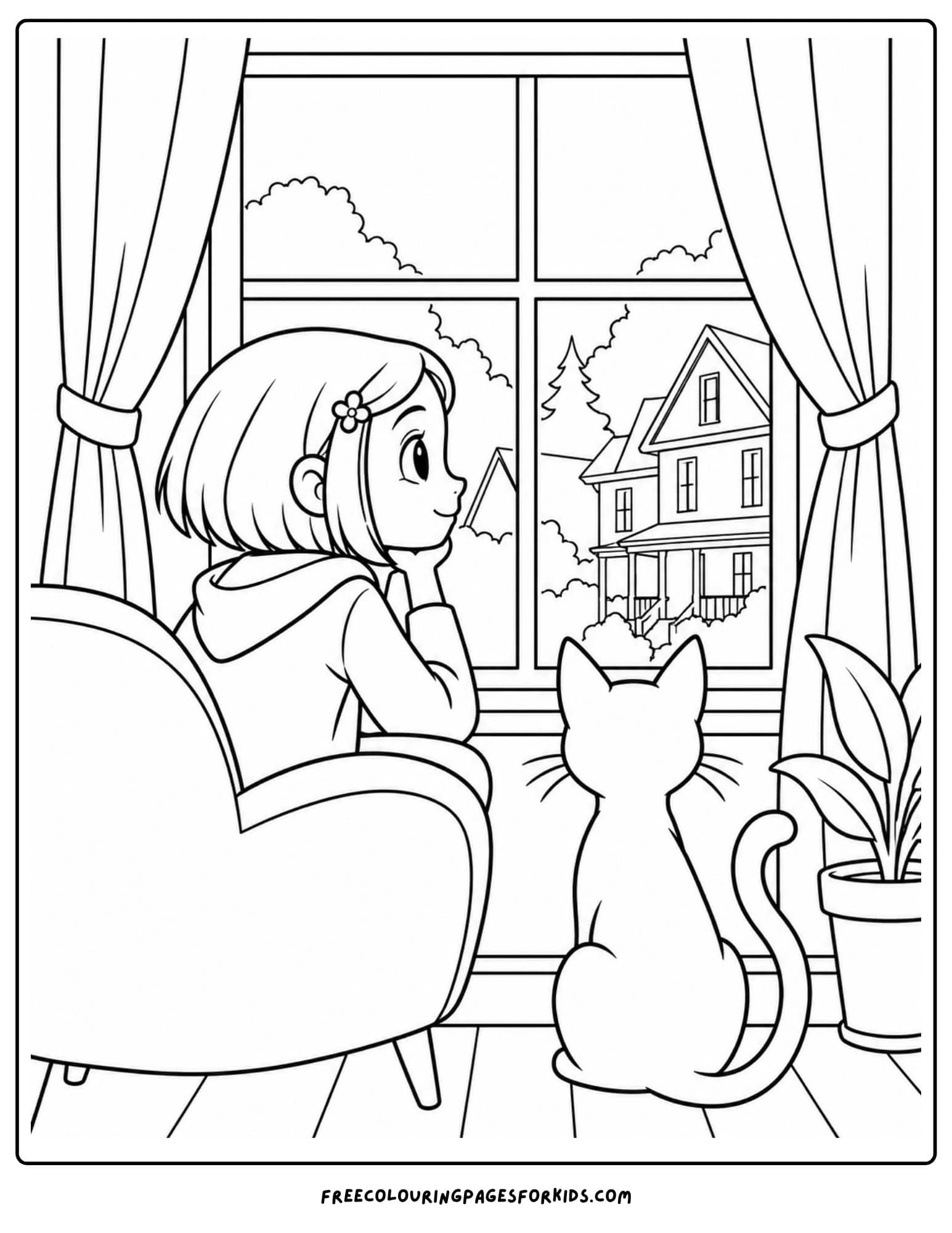 a coloring page showing coraline looking out the window with a cat