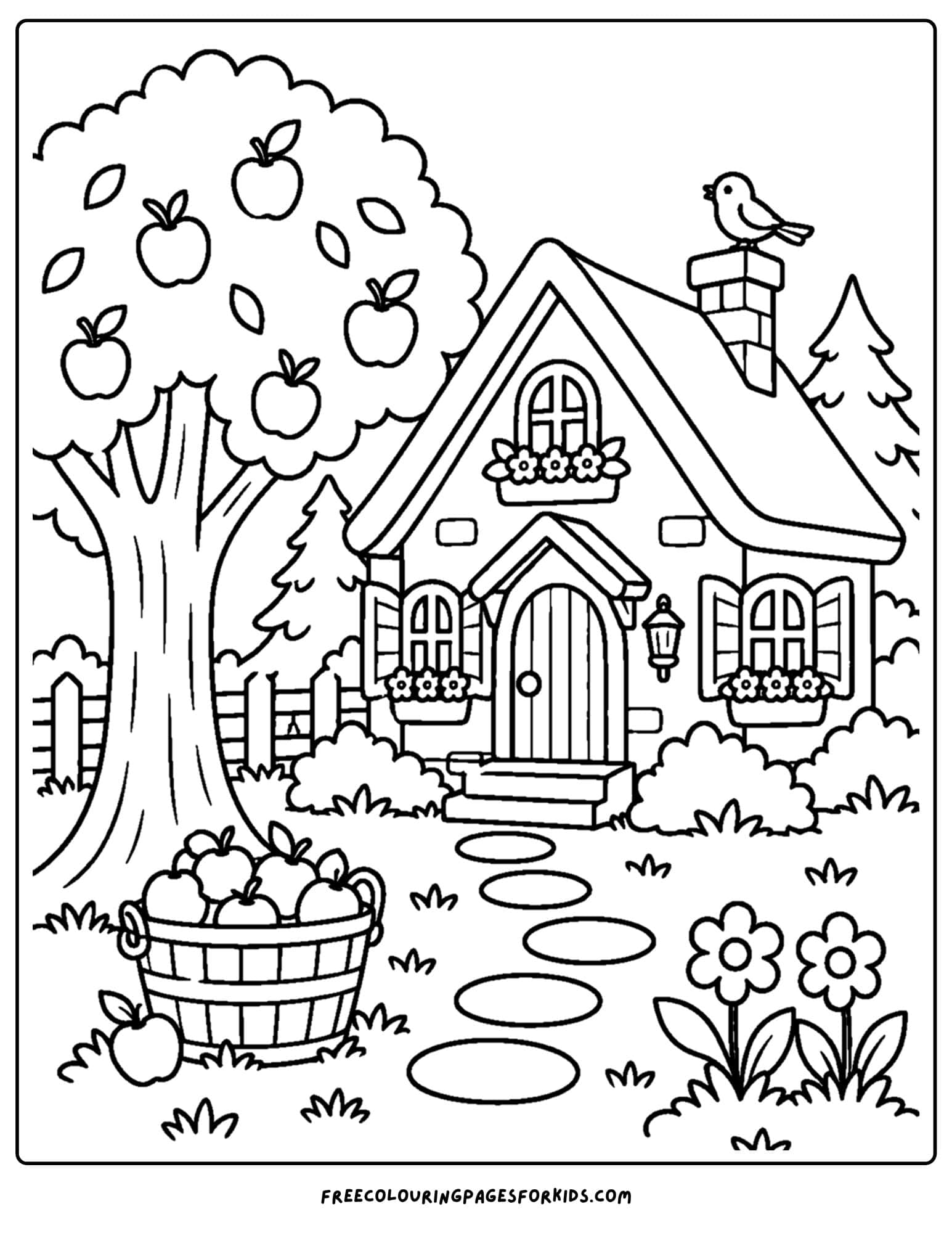 a coloring page of a cottage with a big apple tree