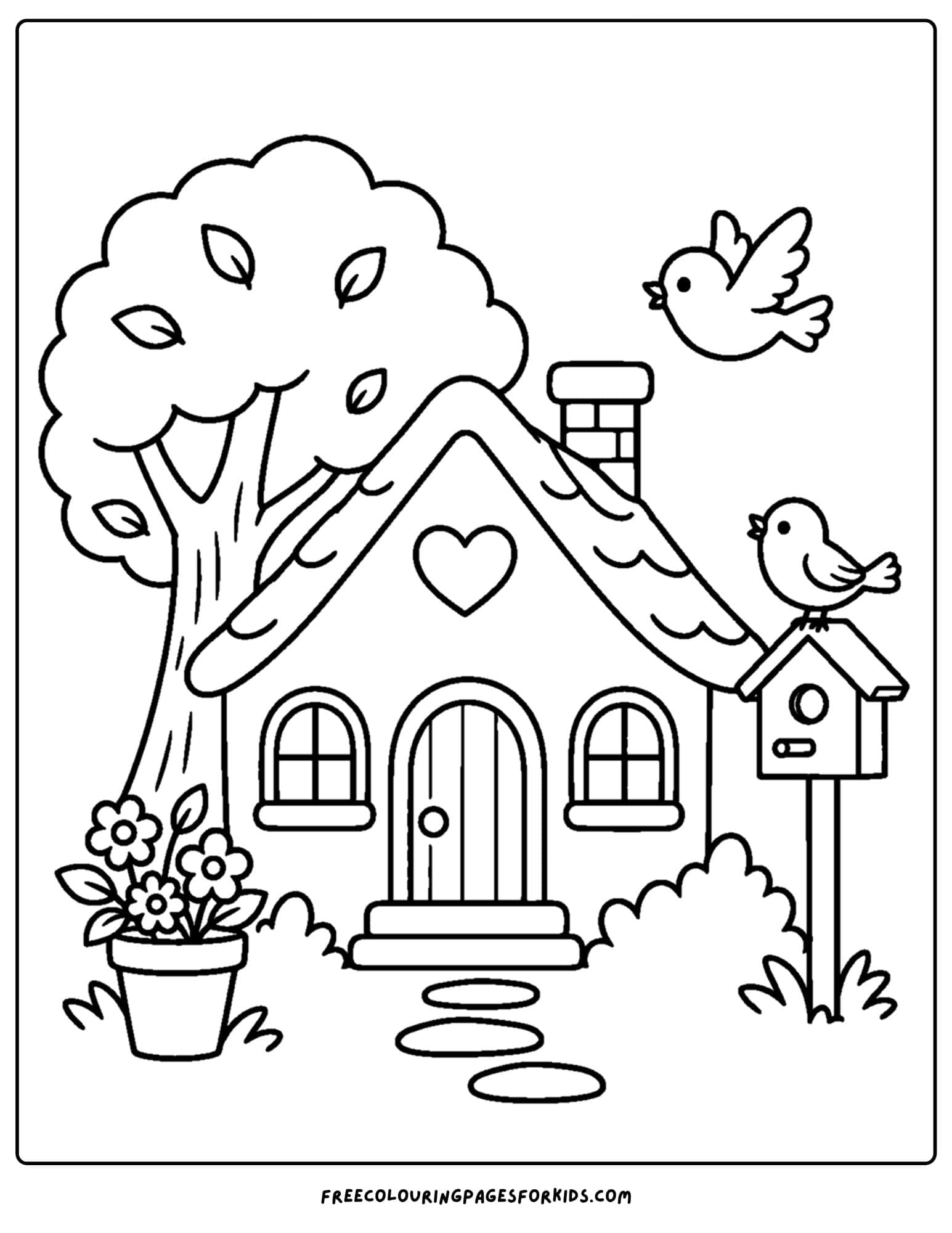 a coloring page of a cottage with a birdhouse in the front garden