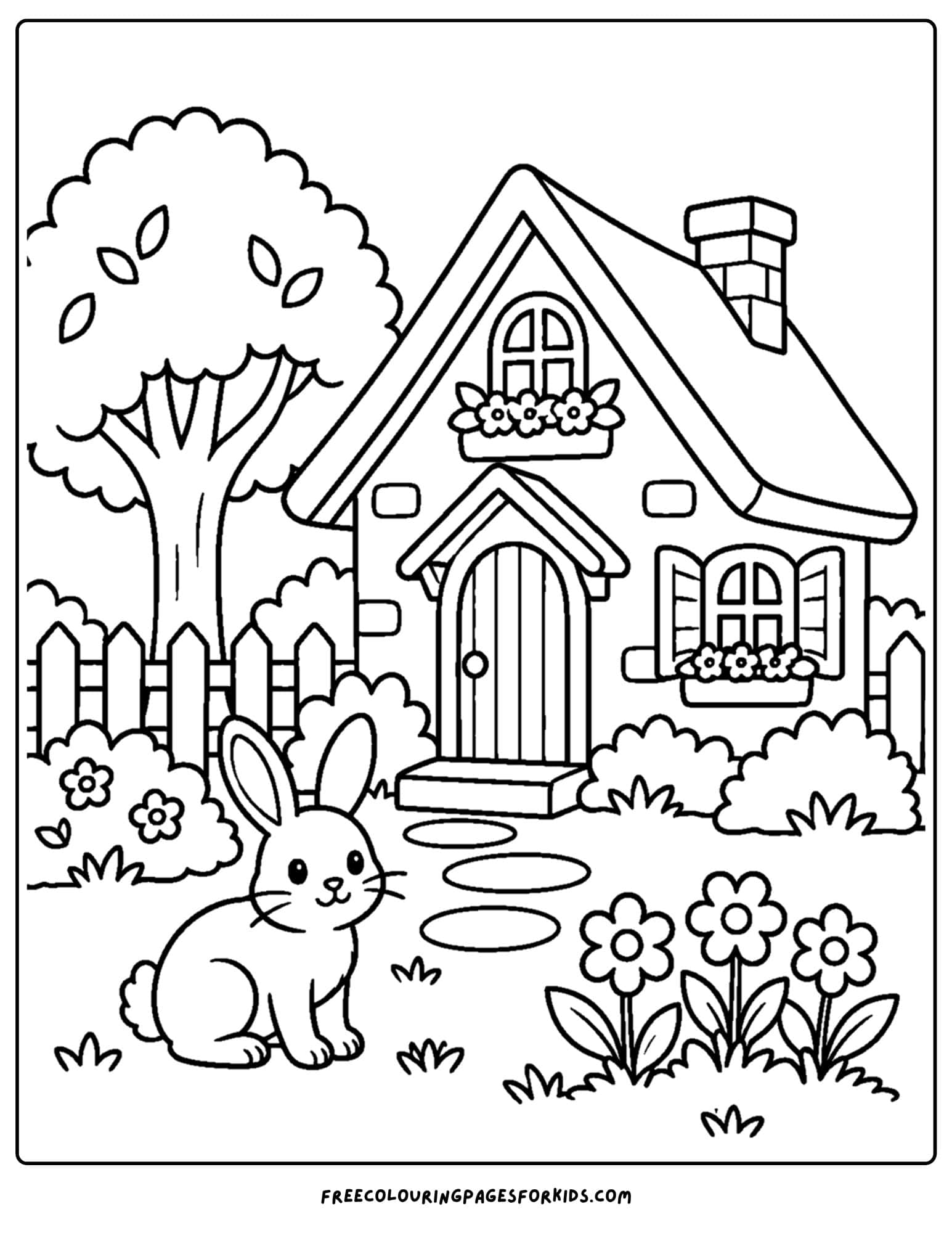 a coloring page of a cottage in the garden