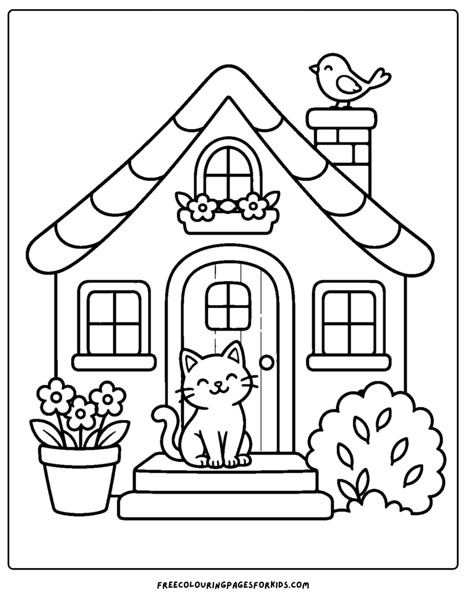 a coloring page of a cottage with a cat sleeping out front