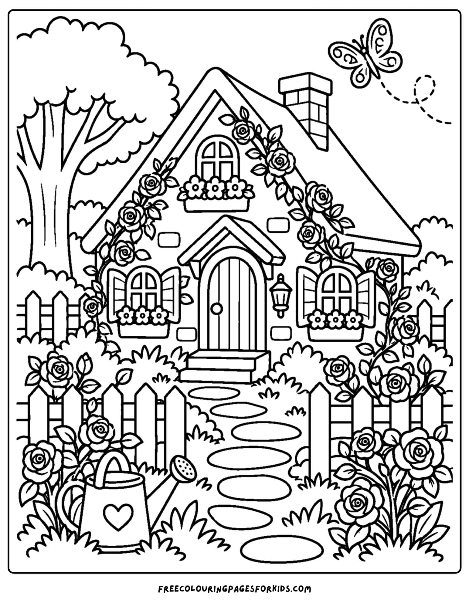 a coloring page of a cottage with a climbing rose on the front