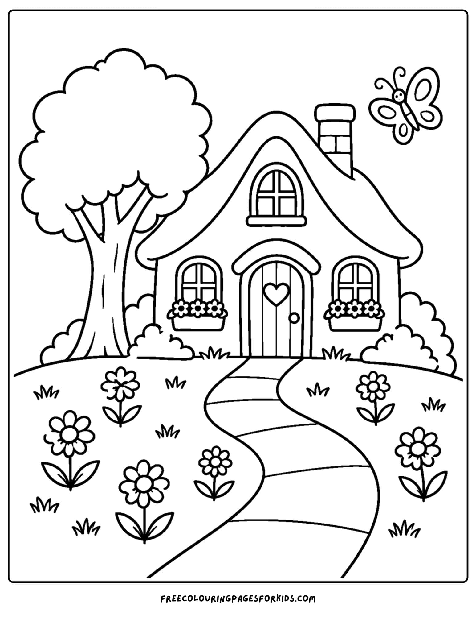 a coloring page of a cottage with daisies growing out front
