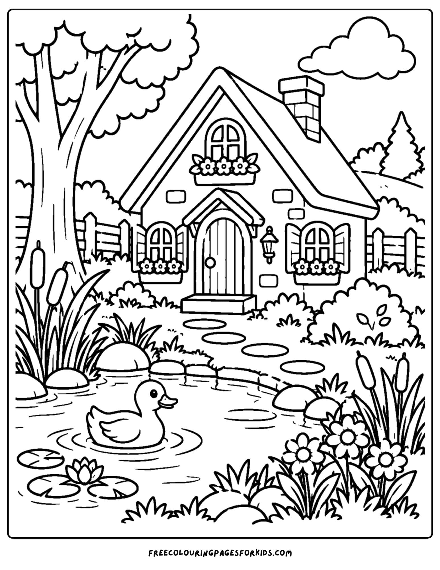 a coloring page of a cottage with a duck pond