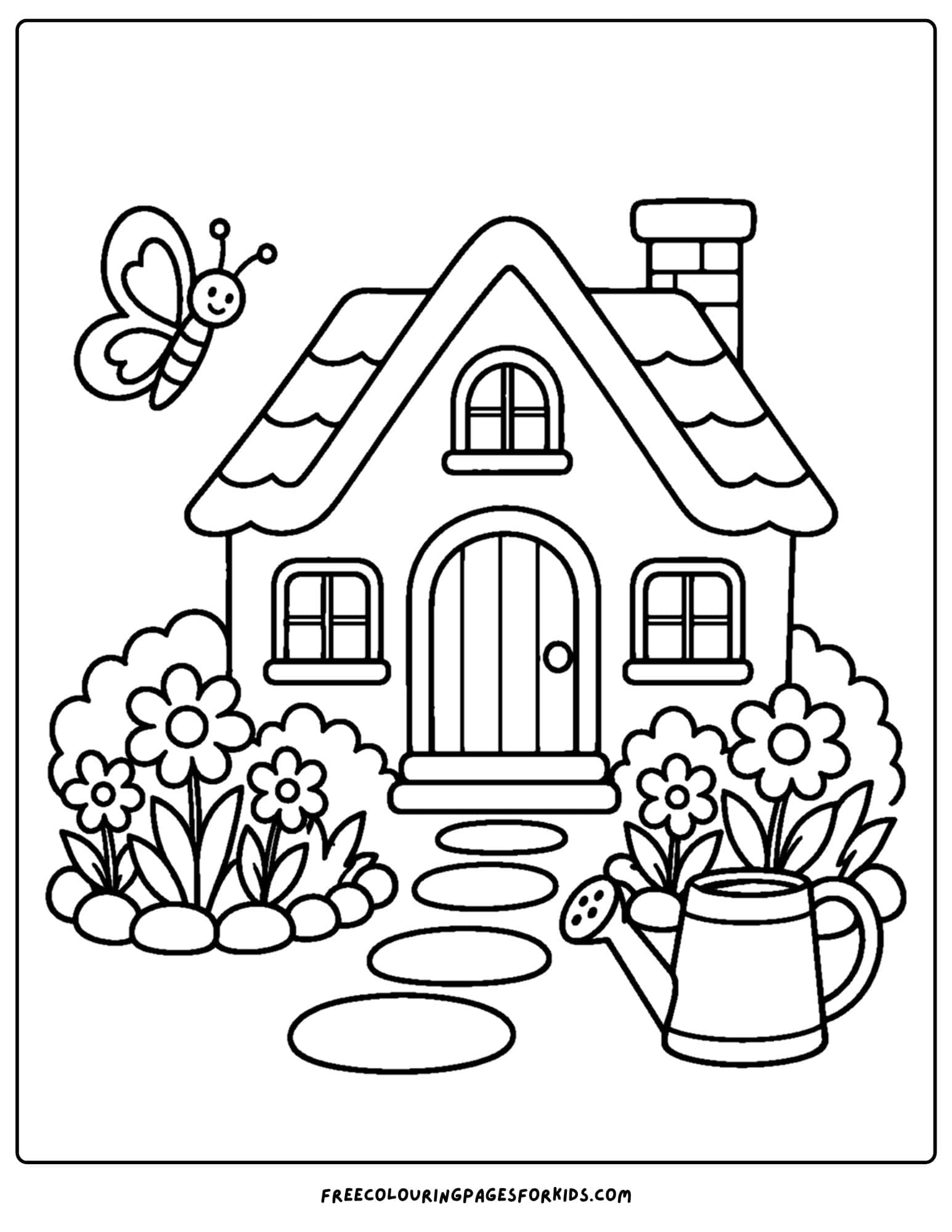 a coloring page of a cottage with a flower garden