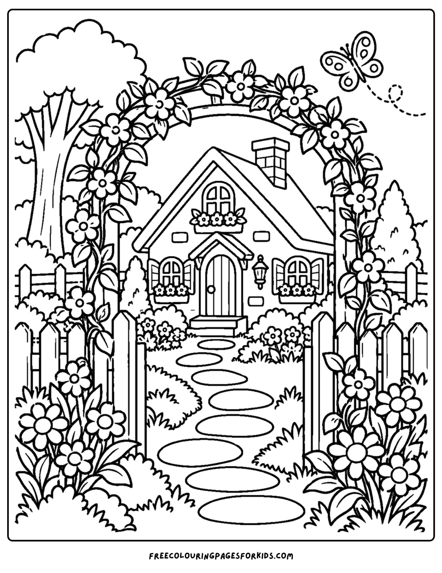 a coloring page of a cottage with an arch over the path to the front door