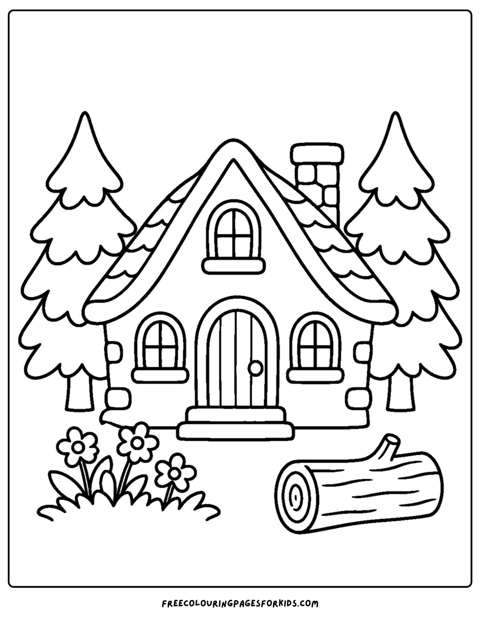 a coloring page of a cottage with a log on the ground