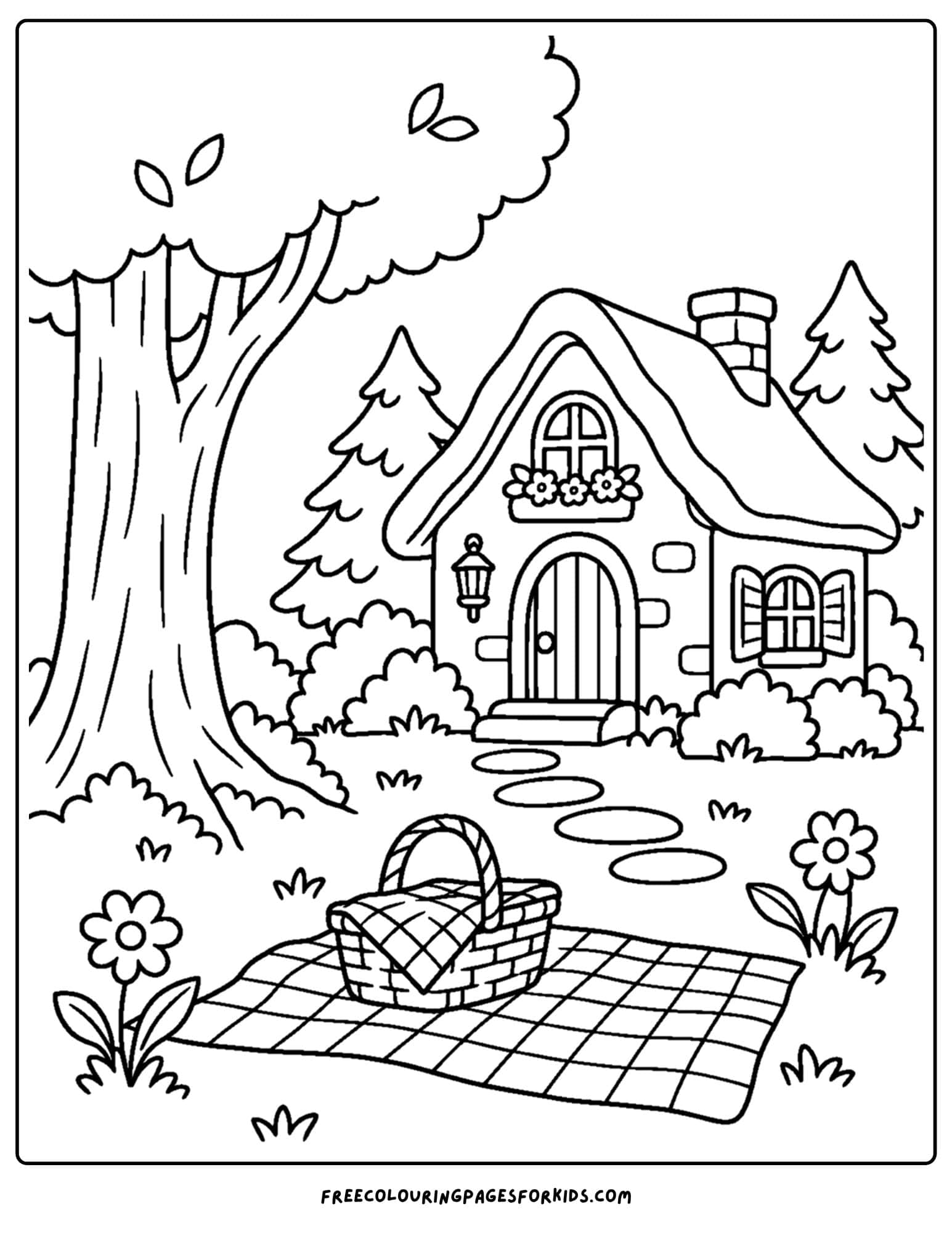 a coloring page of a cottage with a picnic setup on the grass