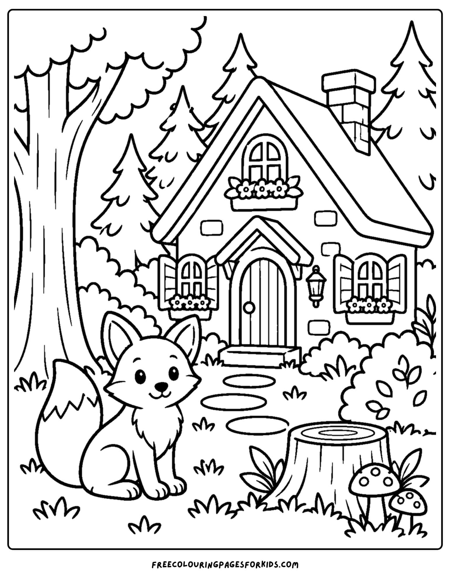 a coloring page of a cottage with a fox out the front and the forest around
