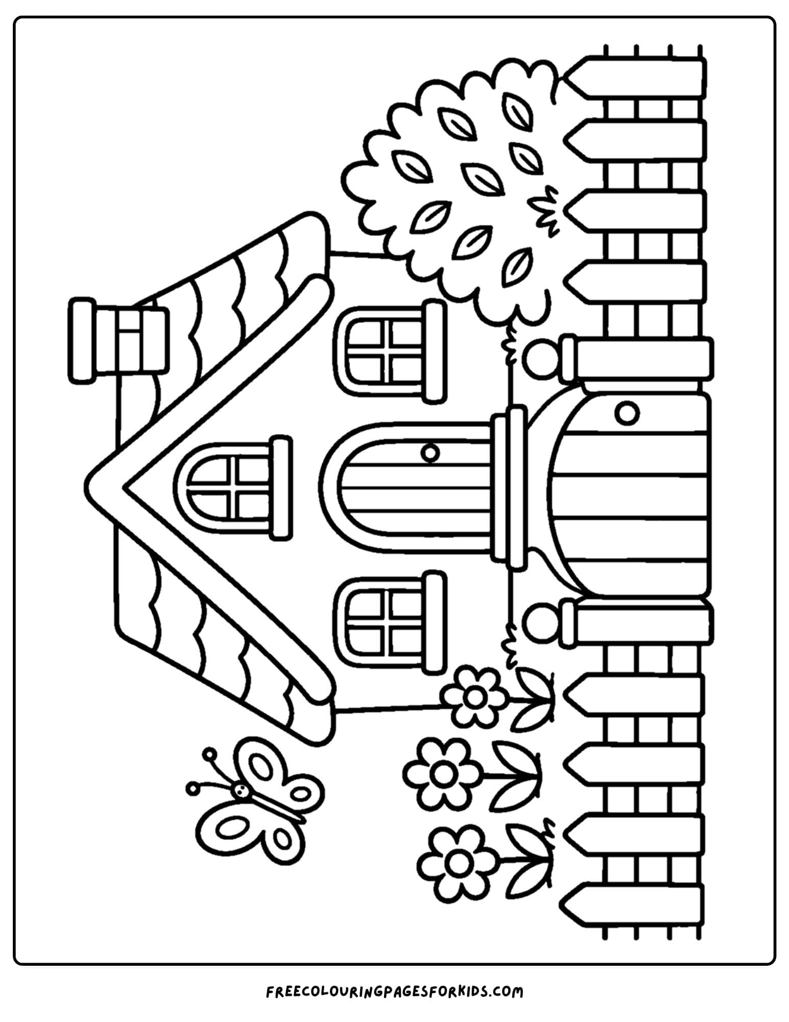 a coloring page of a cottage with a cute garden gate and setting