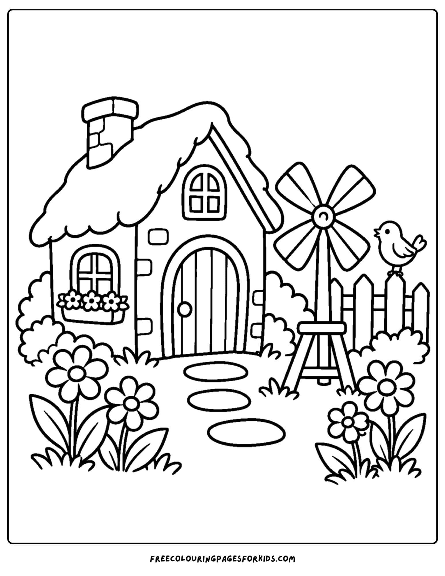 a coloring page of a cottage with a garden windmill