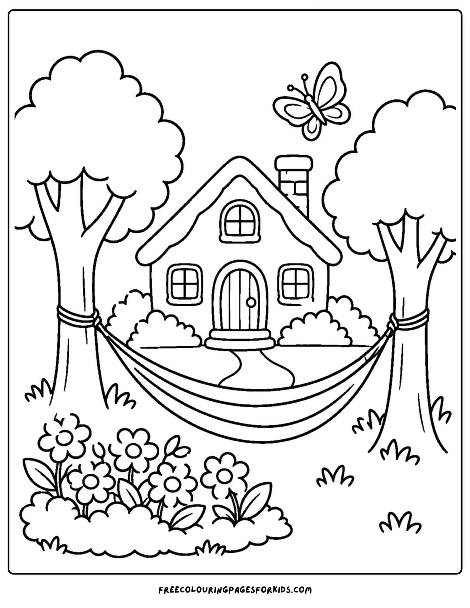 a coloring page of a cottage with a hammock in a tree