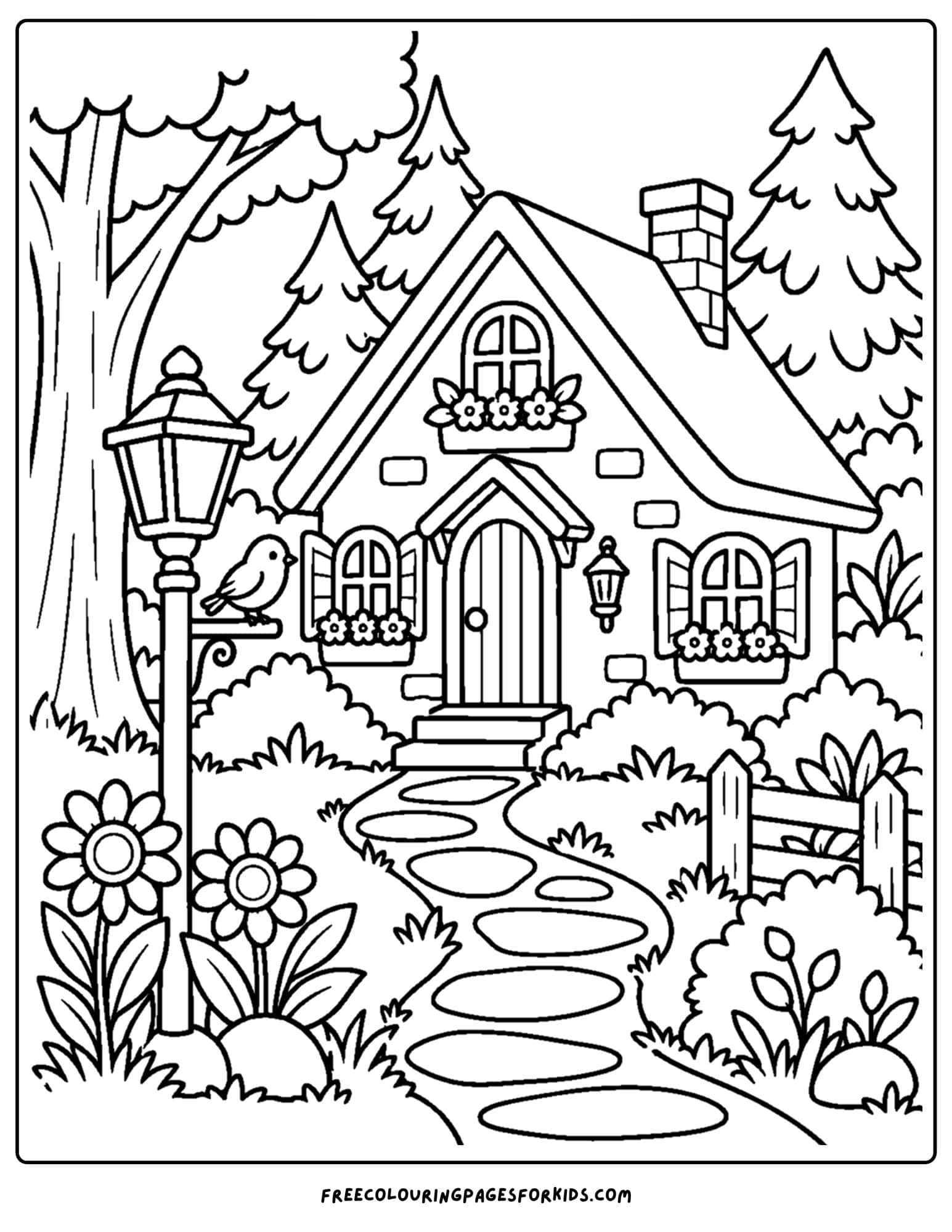 a coloring page of a cottage with a path amongst a garden to the door