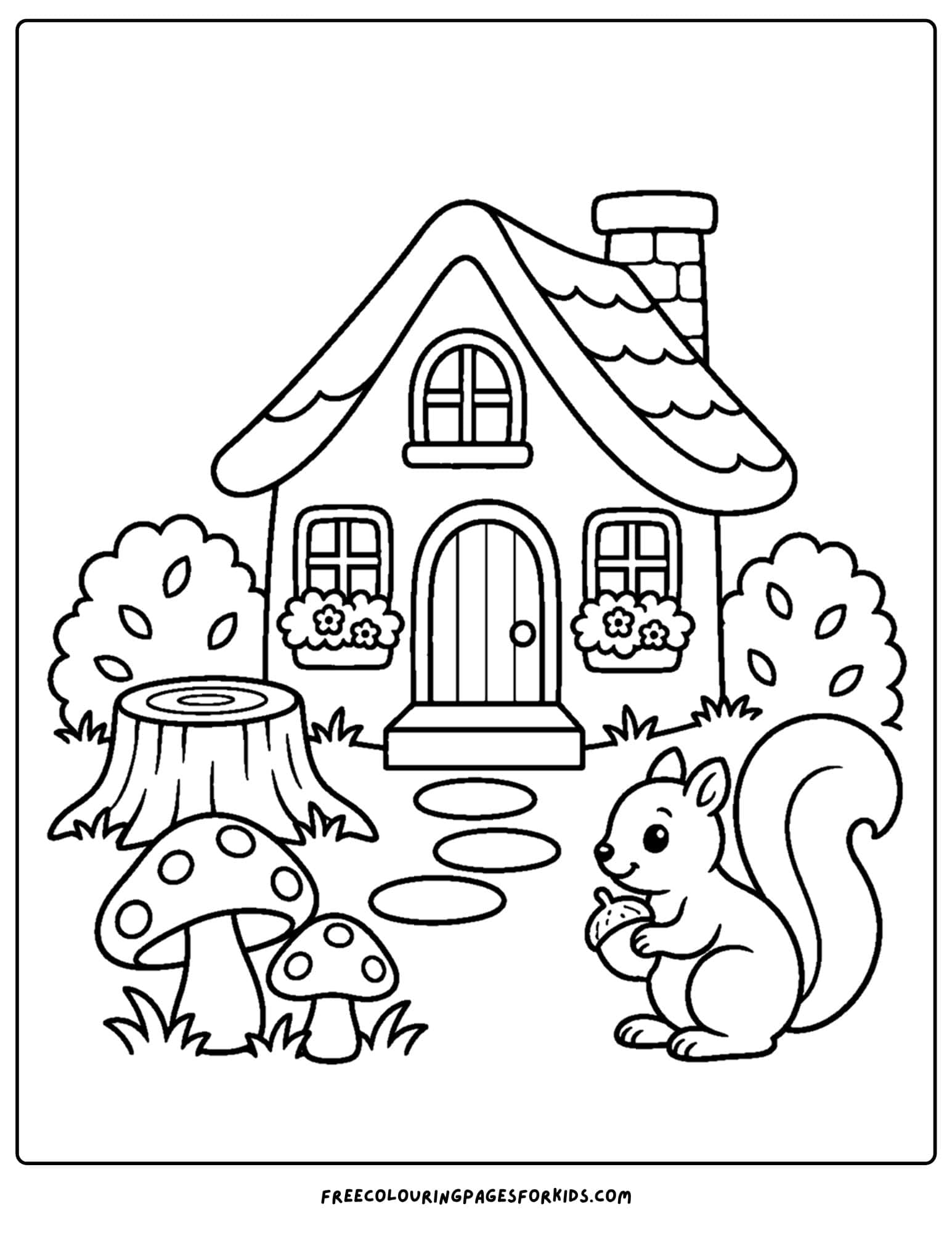 a coloring page of a cottage with mushrooms and a squirrel