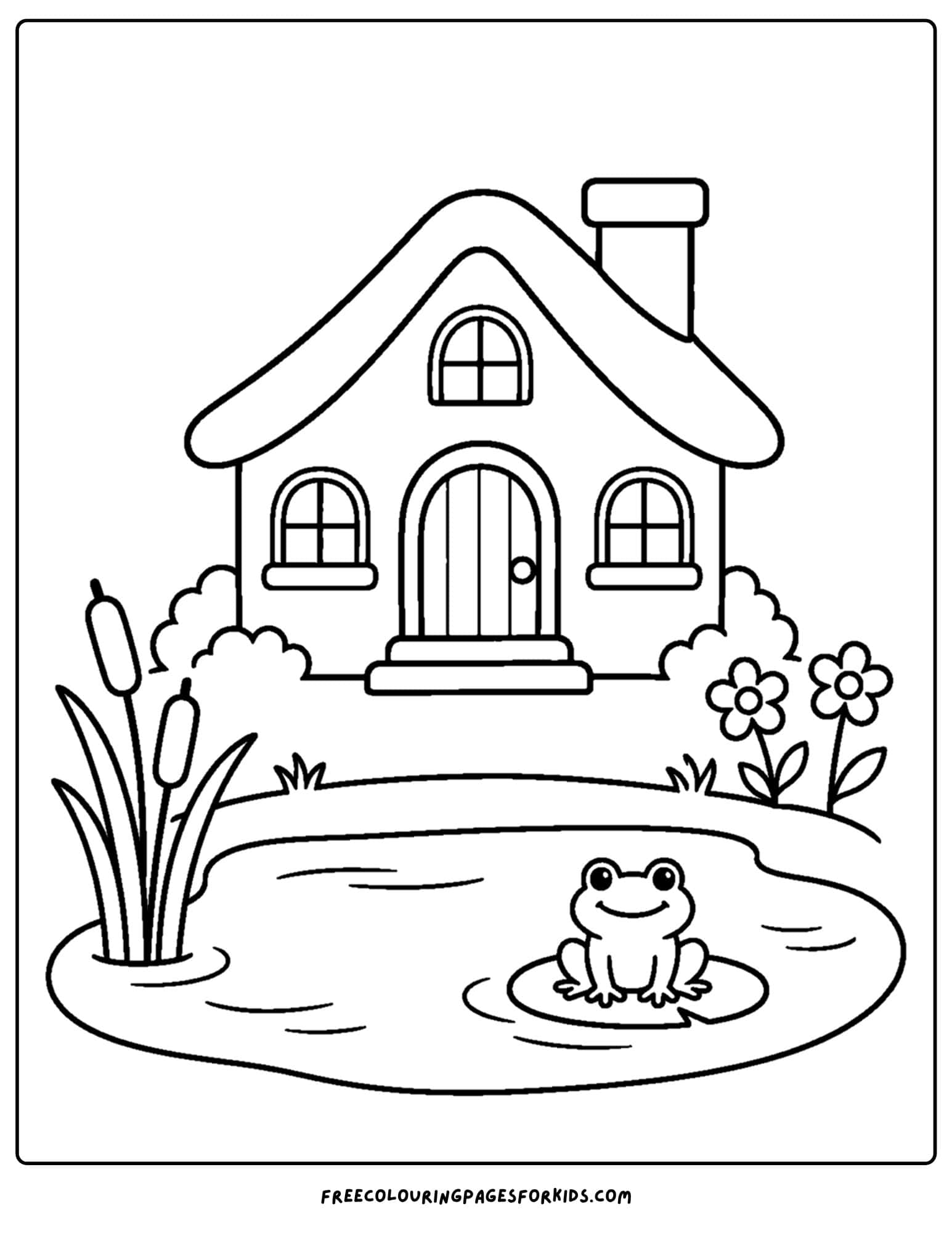 a coloring page of a cottage beside a pond with a frog