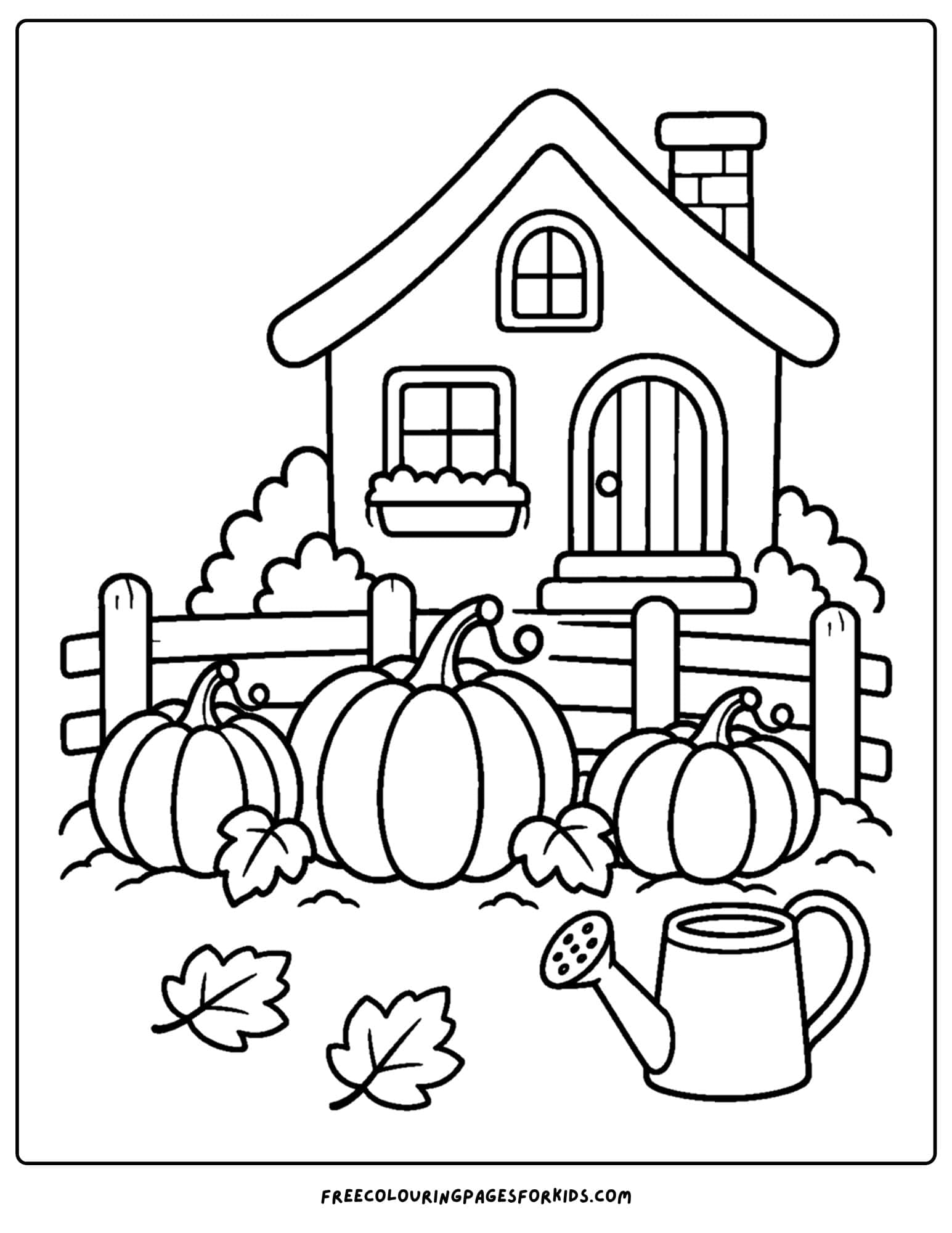 a coloring page of a cottage with a pumpkin patch