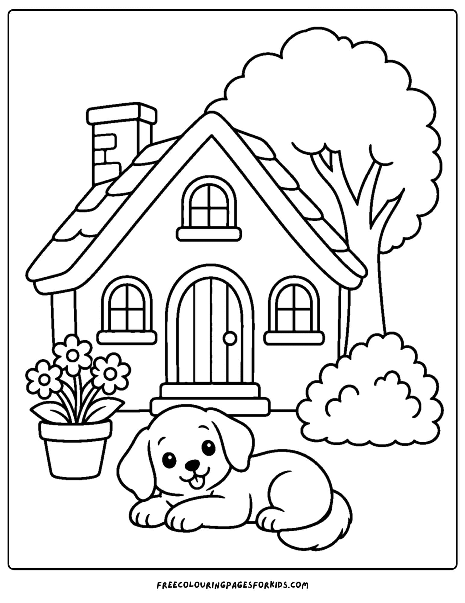 a coloring page of a cottage with a puppy resting out front