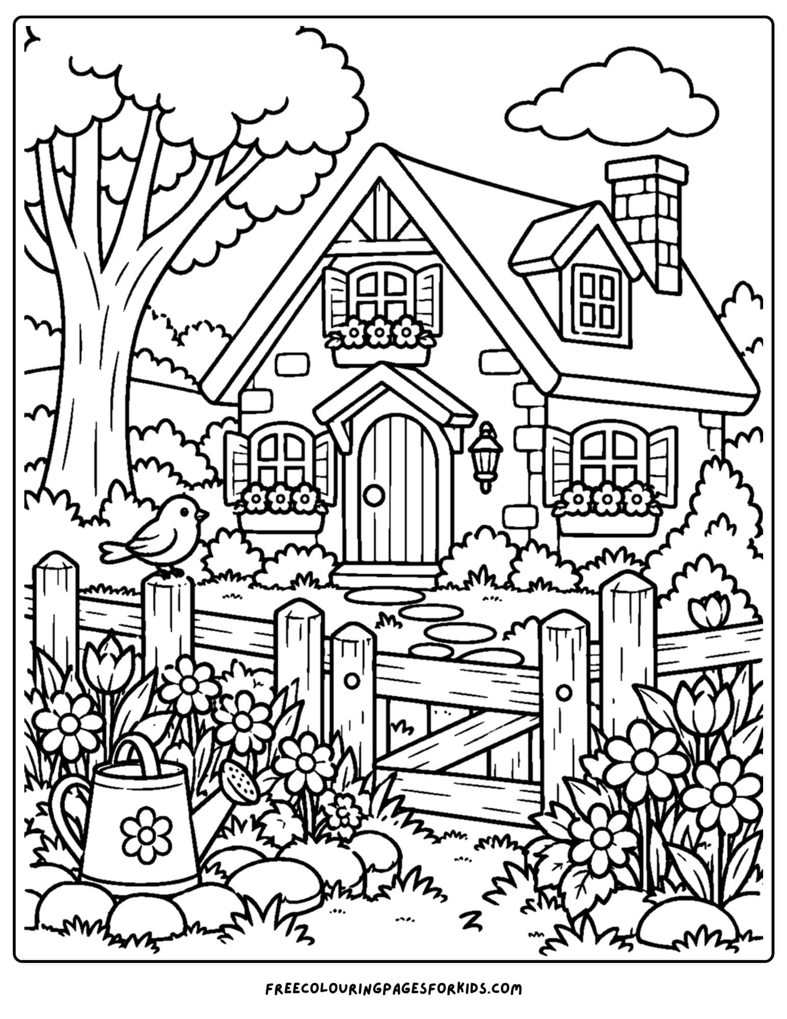 a coloring page of a cottage with a rustic fence and garden