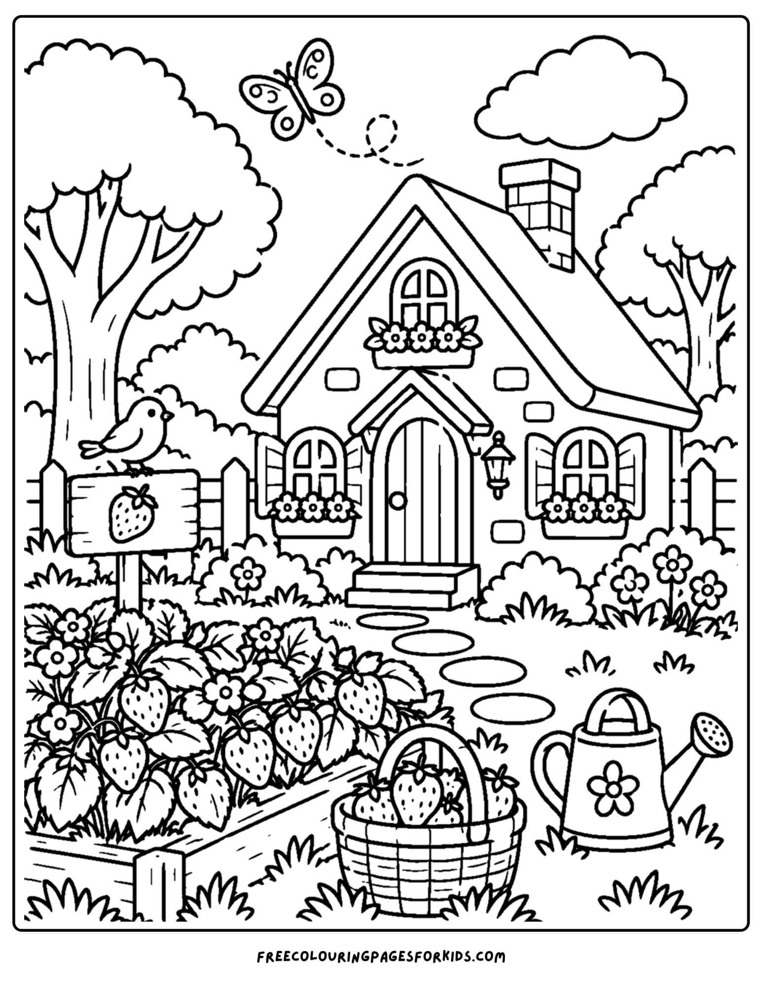 a coloring page of a cottage with a strawberry patch