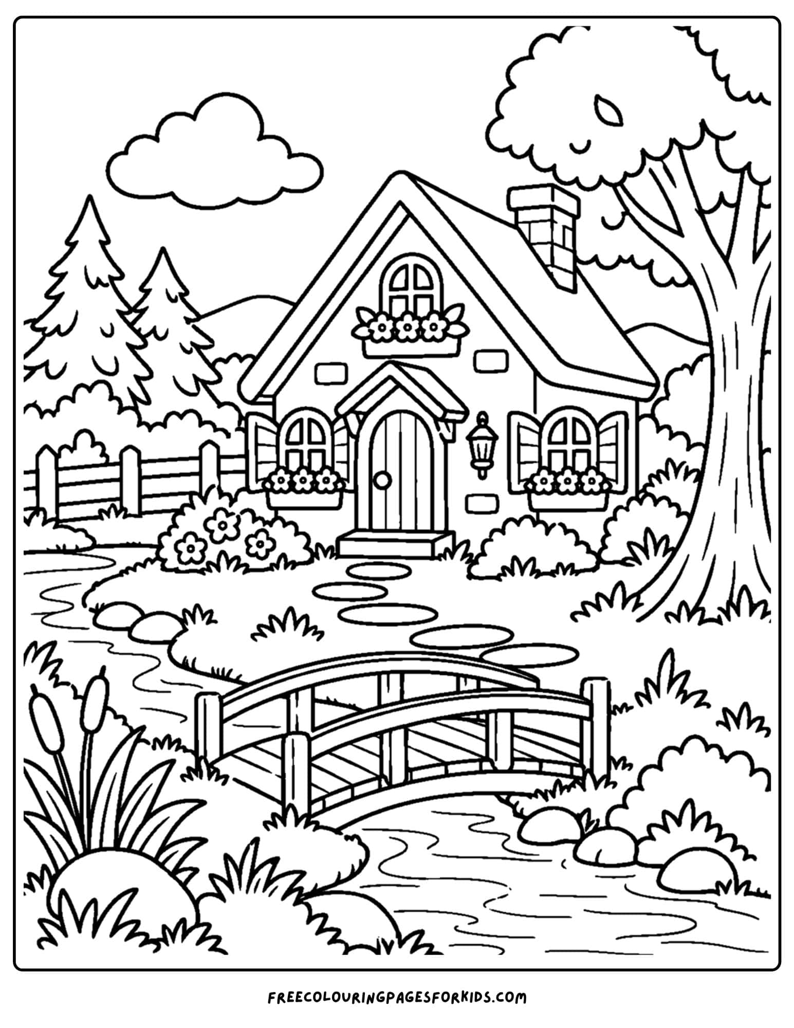 a coloring page of a cottage with a stream and bridge in front