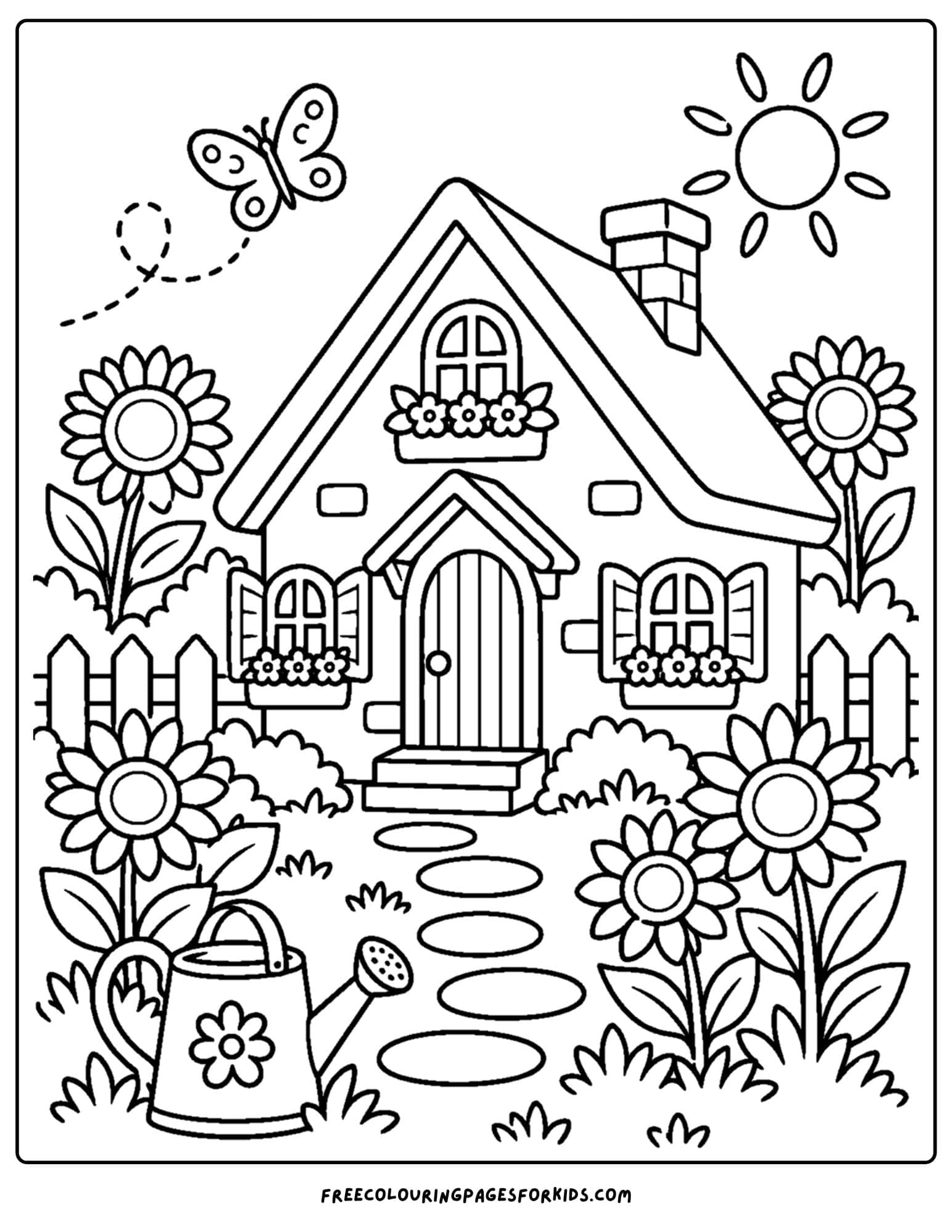 a coloring page of a cottage with a sunflower garden