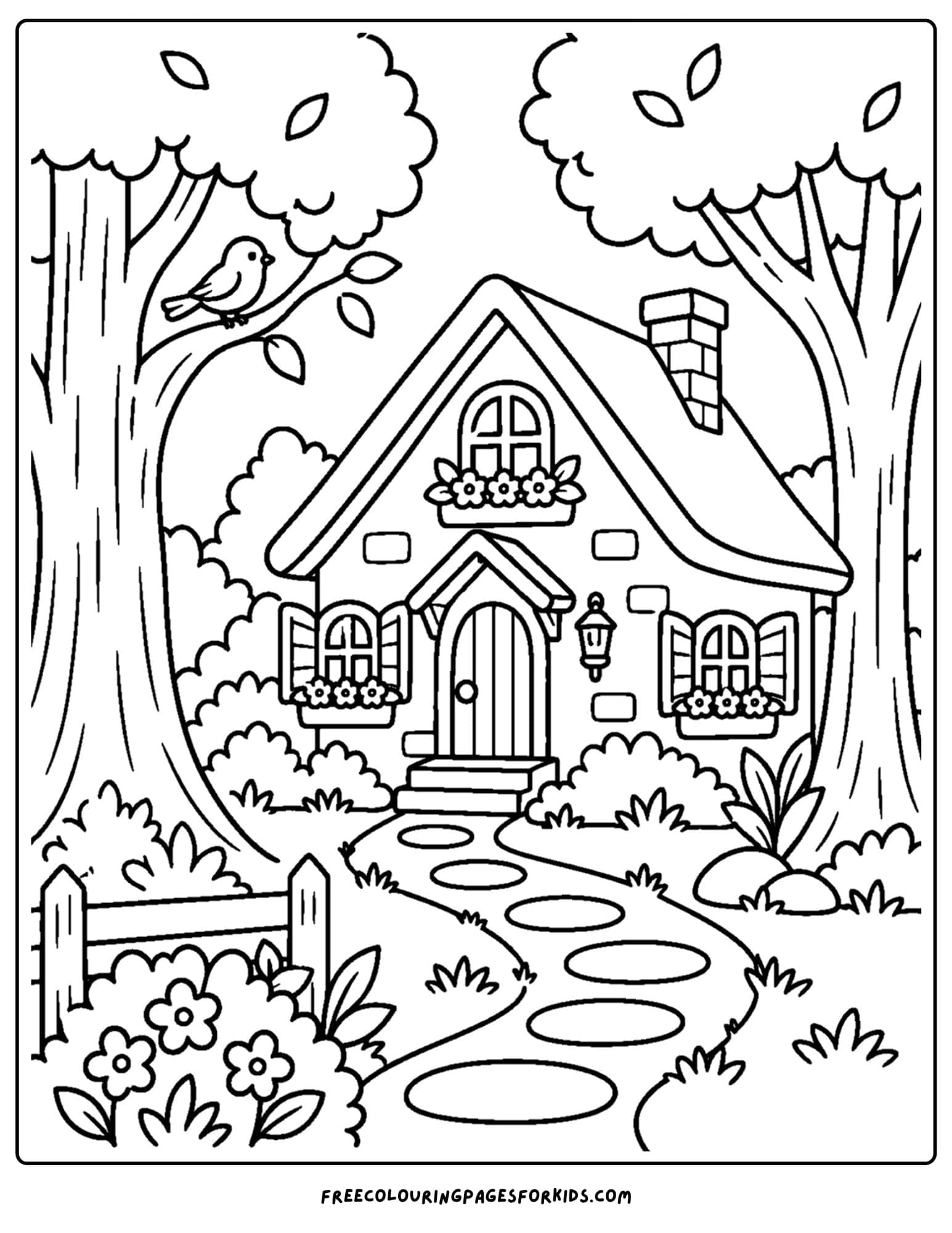 a coloring page of a cottage amonst tall trees
