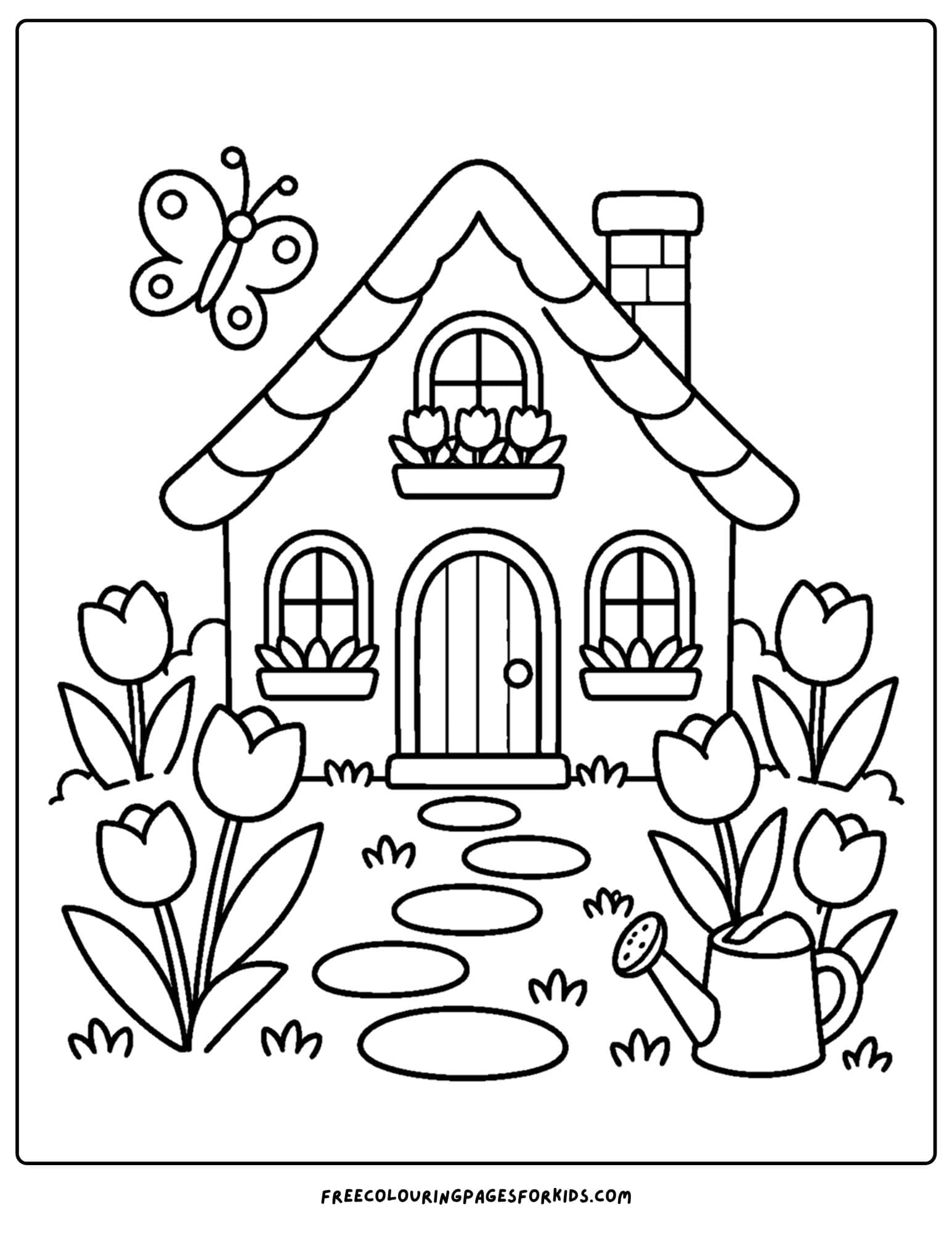 a coloring page of a cottage with a tulip garden