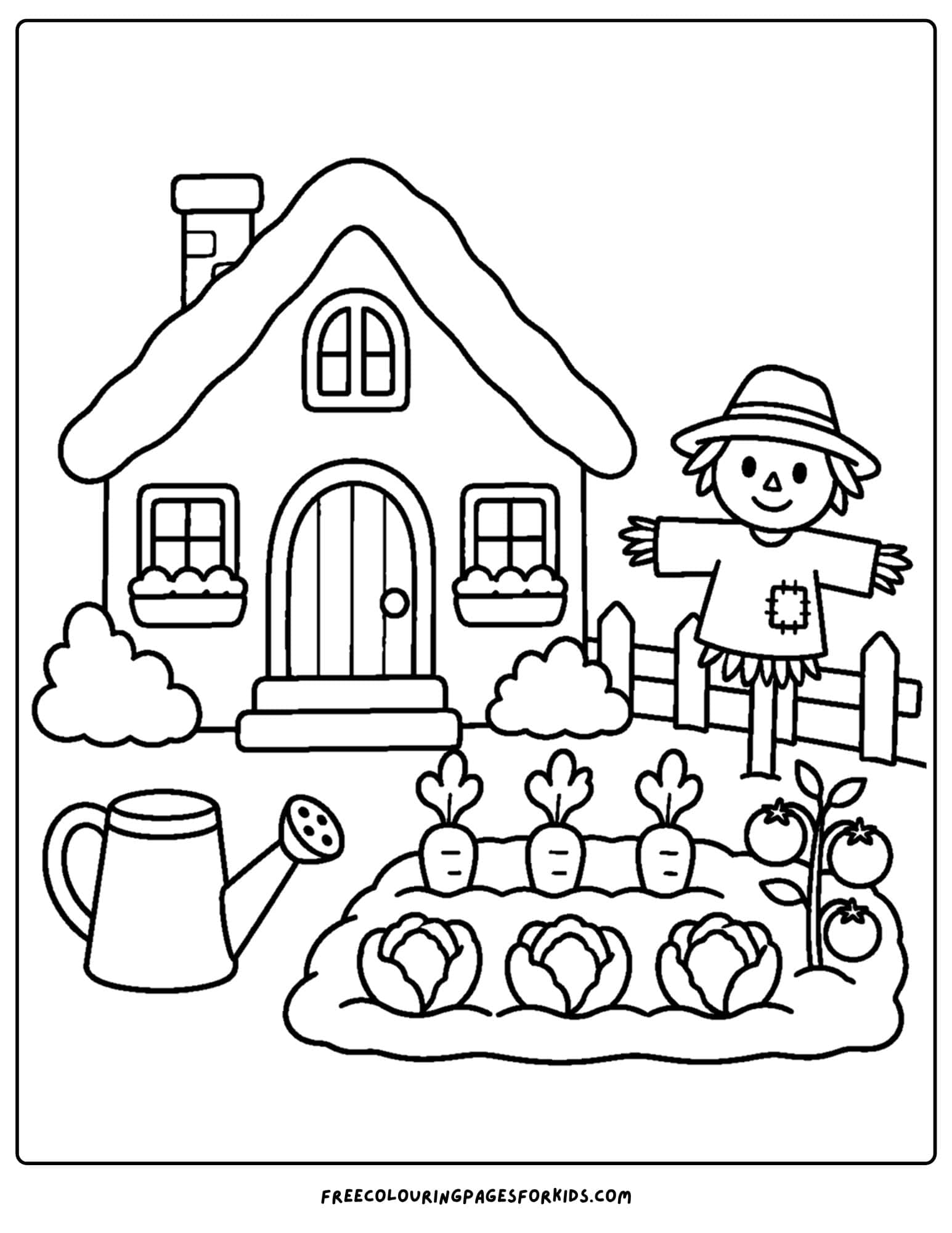 a coloring page of a cottage with a scarecrow in the vegetable garden