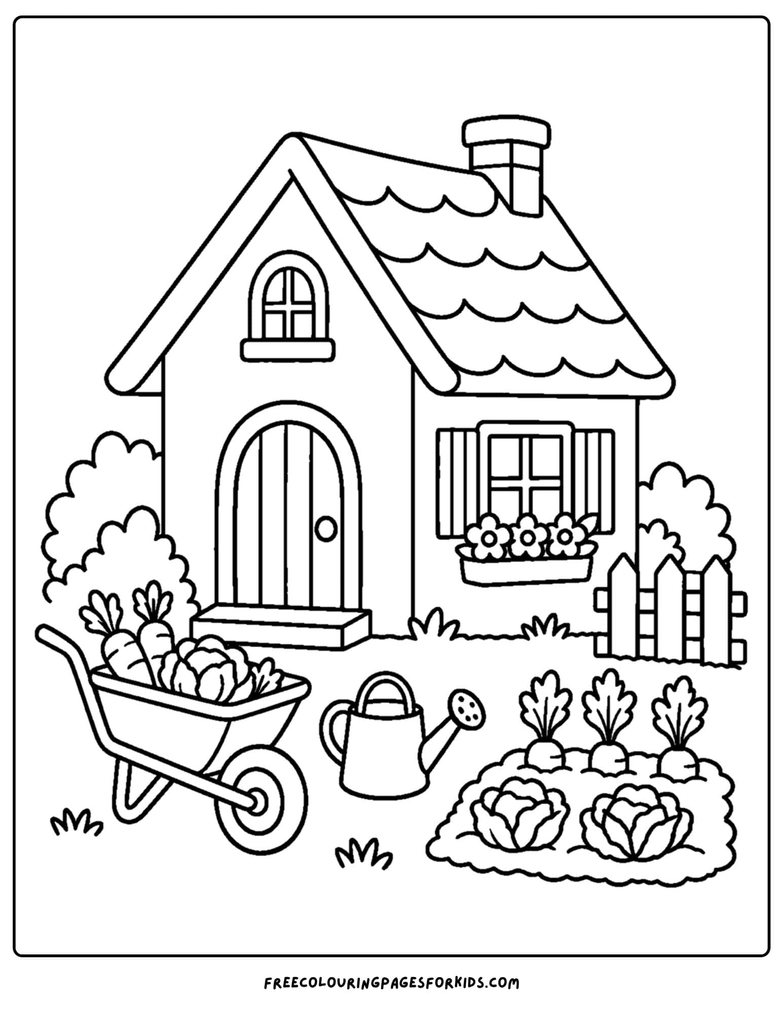a coloring page of a cottage with a vegetable garden