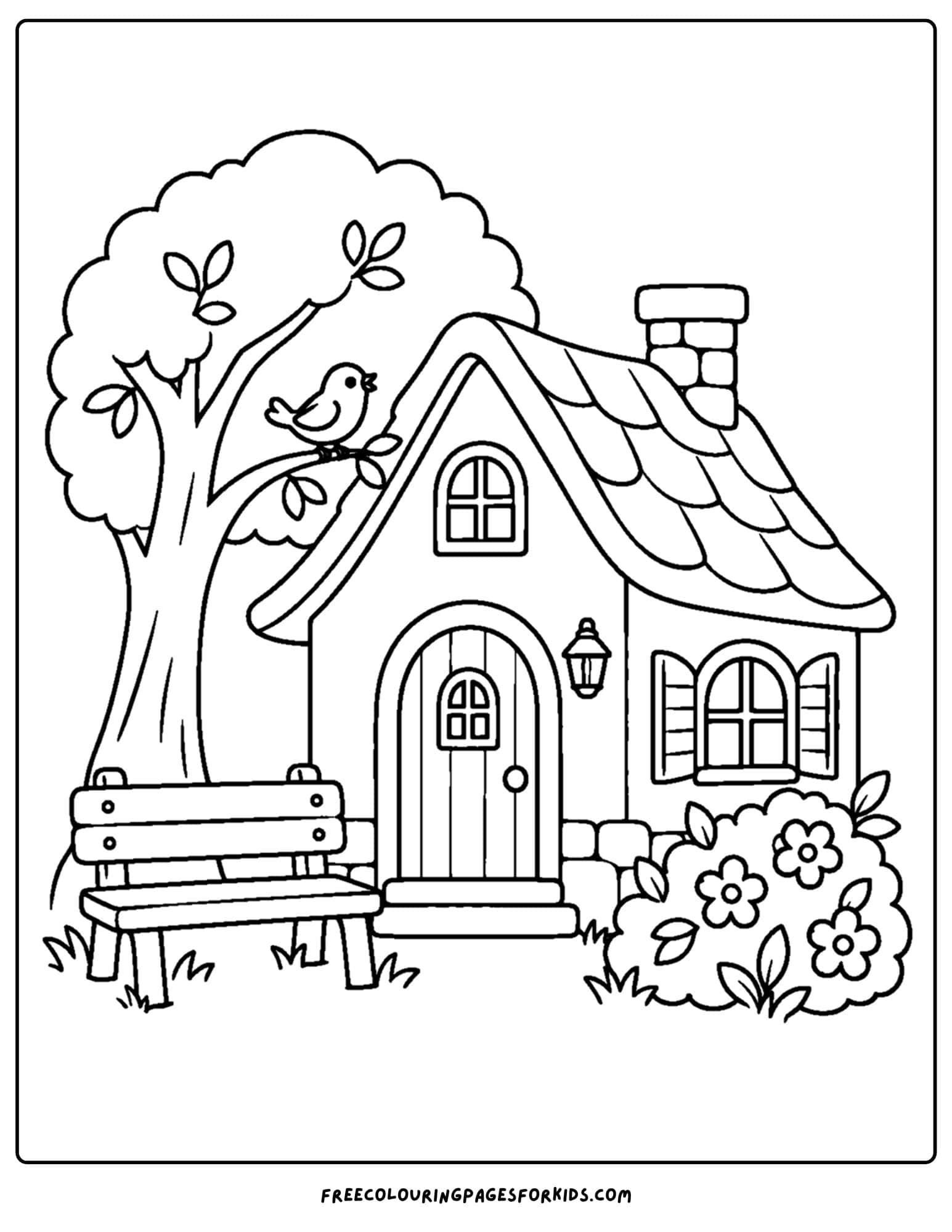 a coloring page of a cottage with a wooden bench seat under a tree